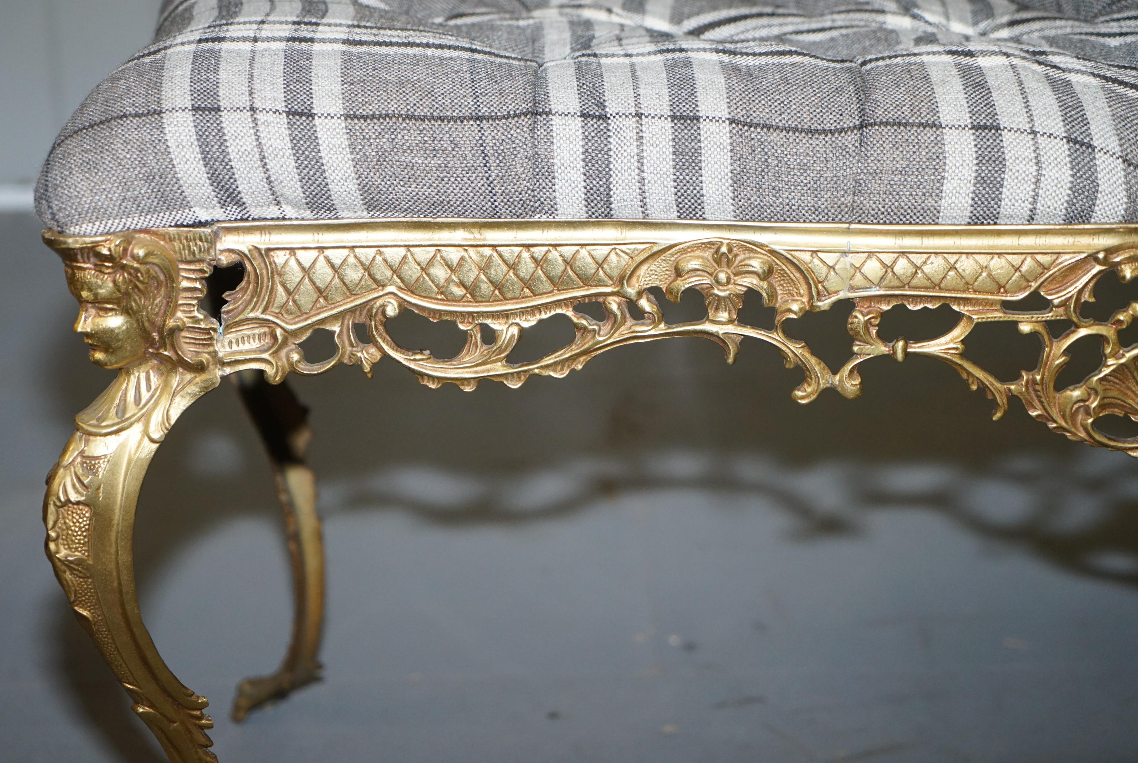 Ornate French circa 1920s Gold Gilt Brass Bench New Chesterfield Upholstery 4