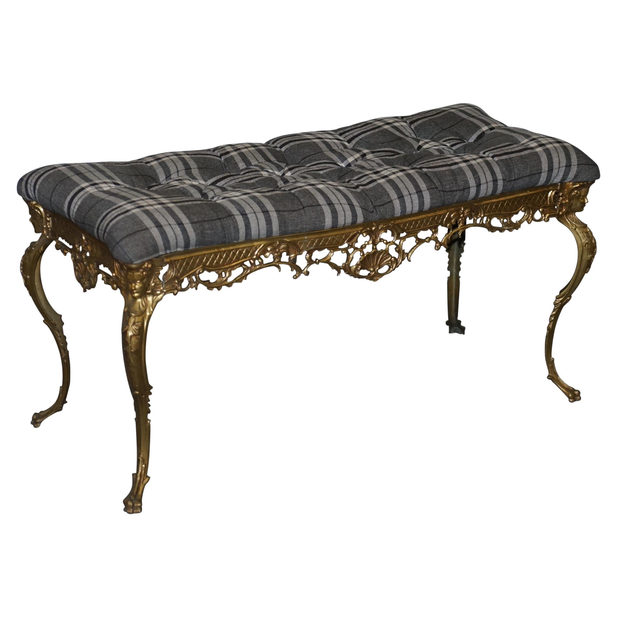 Ornate French circa 1920s Gold Gilt Brass Bench New Chesterfield Upholstery