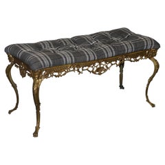 Antique Ornate French circa 1920s Gold Gilt Brass Bench New Chesterfield Upholstery