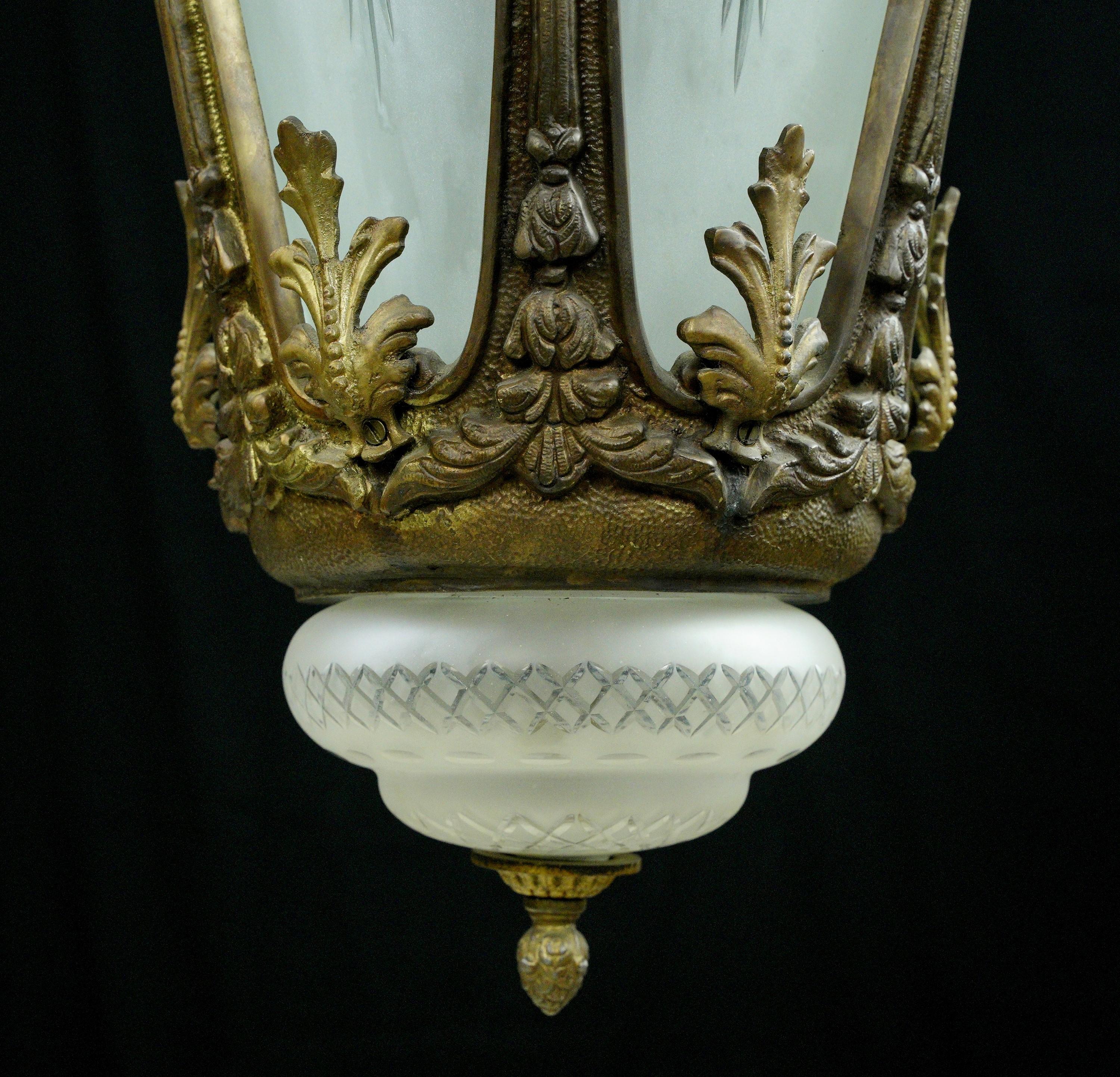 Ornate French Figural Solid Cast Bronze Lantern Pendant For Sale 5