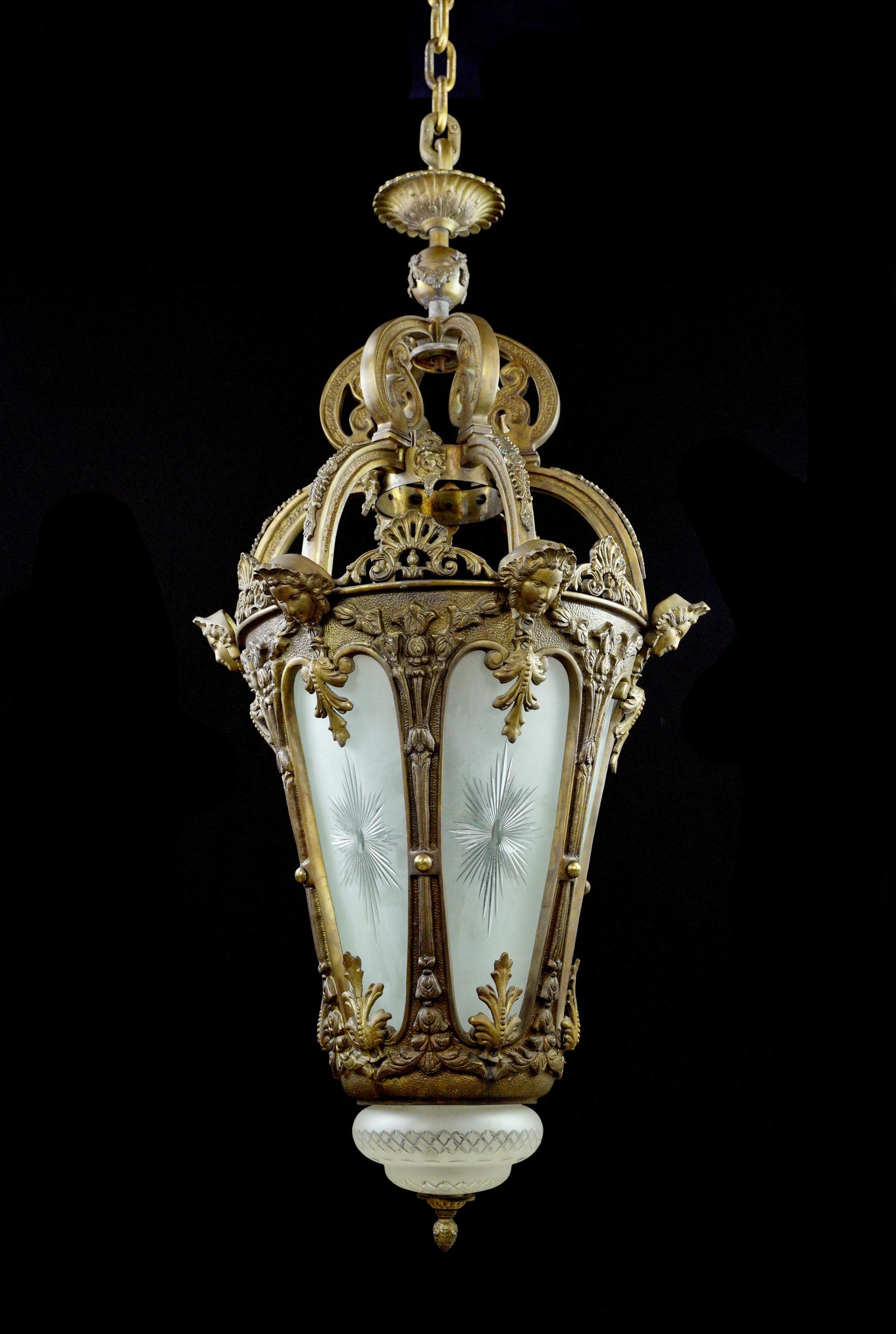 Ornate French Figural Solid Cast Bronze Lantern Pendant For Sale 6