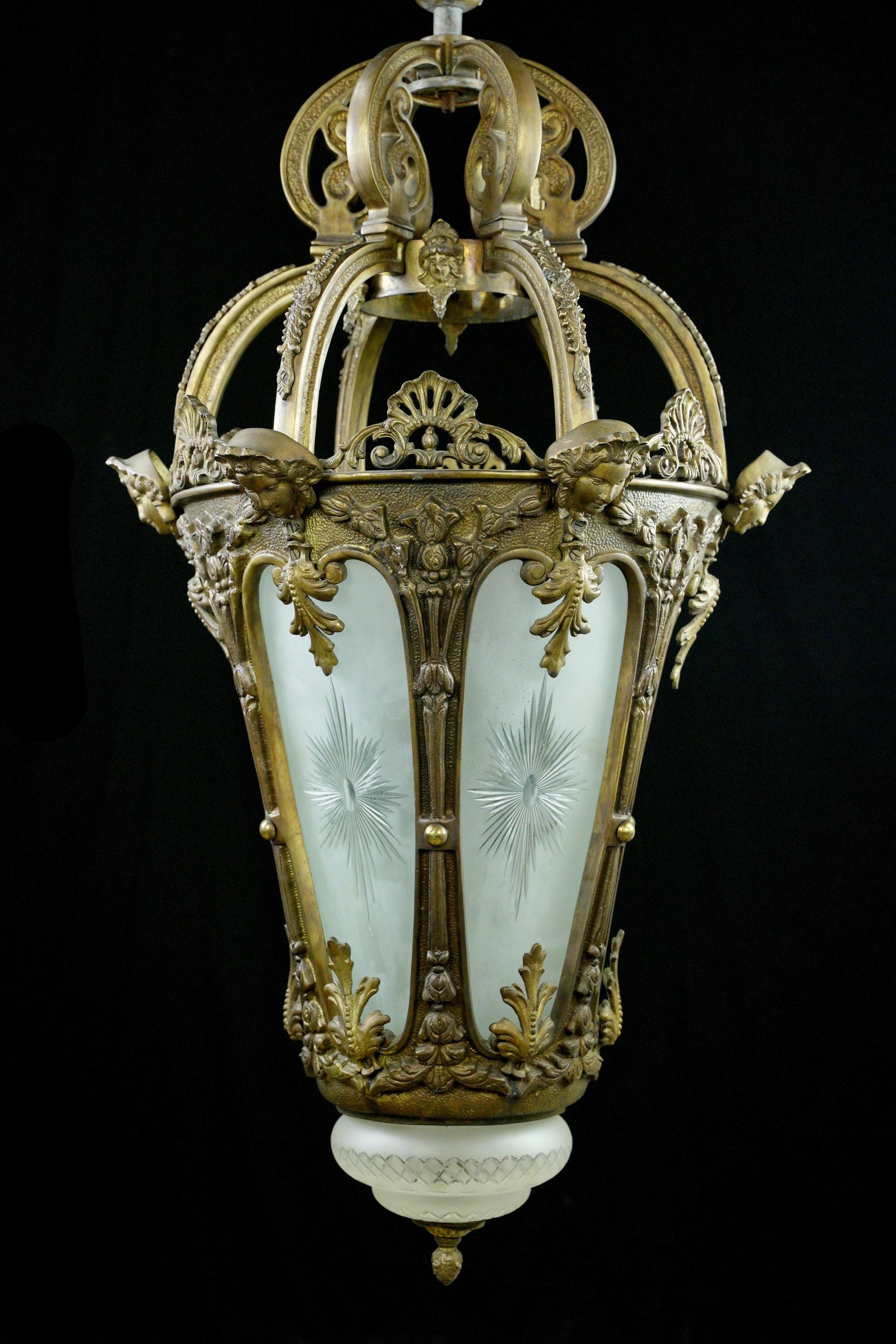 Ornate French Figural Solid Cast Bronze Lantern Pendant For Sale 7