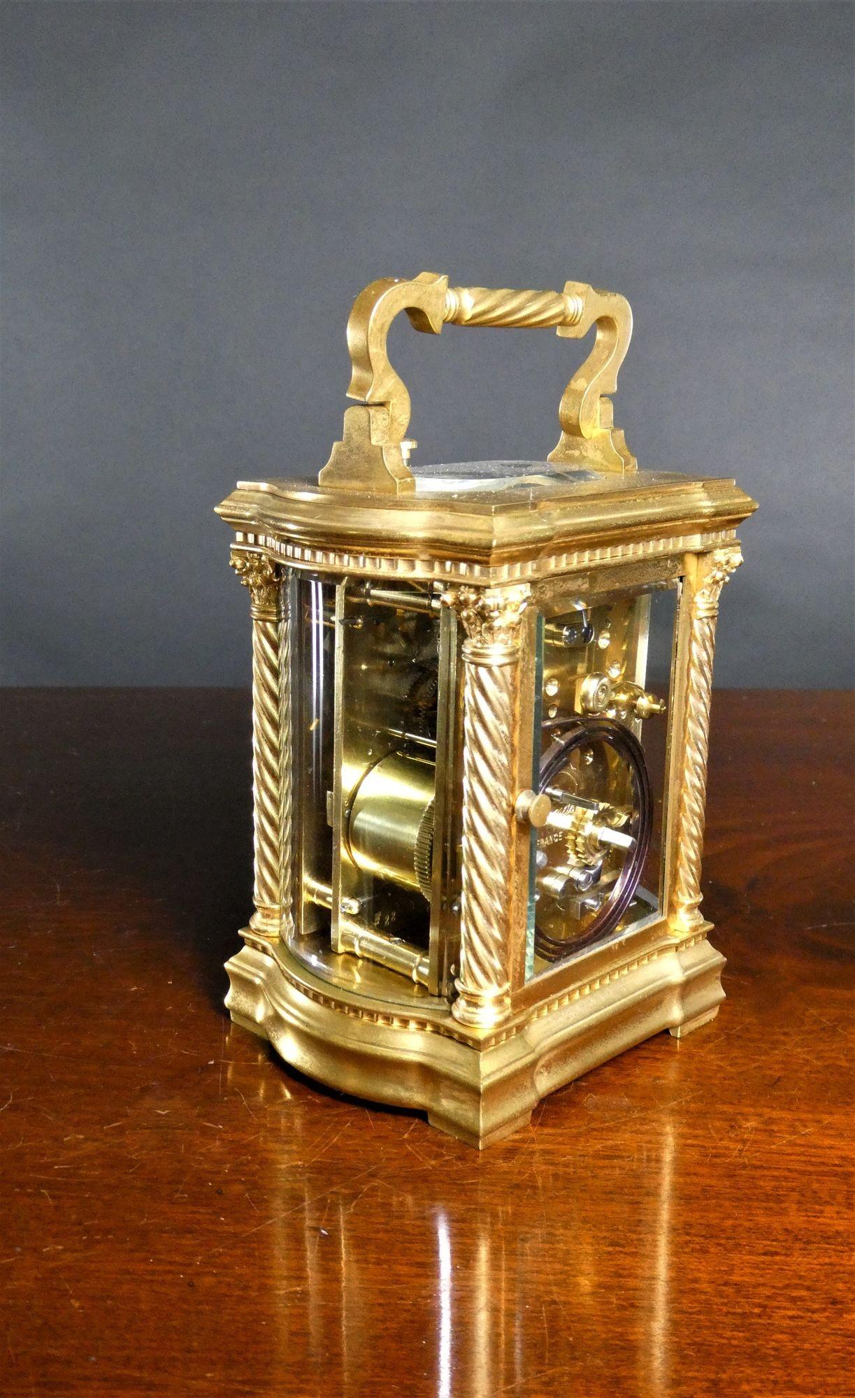 Late 19th Century Ornate French Gilded Repeating Carriage Clock For Sale