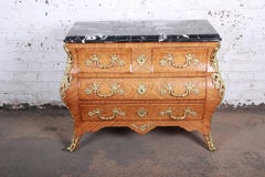 Ornate French Louis XV Style Inlaid Mahogany Marble Top Bombay Chest