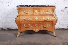 Ornate French Louis XV Style Inlaid Mahogany Marble-Top Bombay Chest