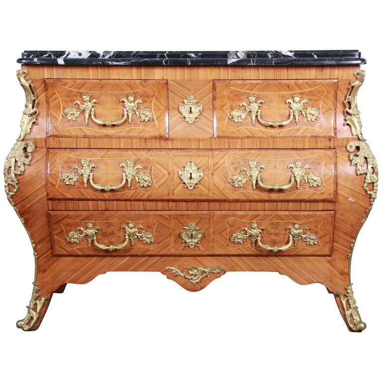 Ornate French Louis XV Style Inlaid Mahogany Marble Top Bombay Chest at