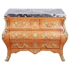 Ornate French Louis XV Style Inlaid Mahogany Marble-Top Bombay Chest