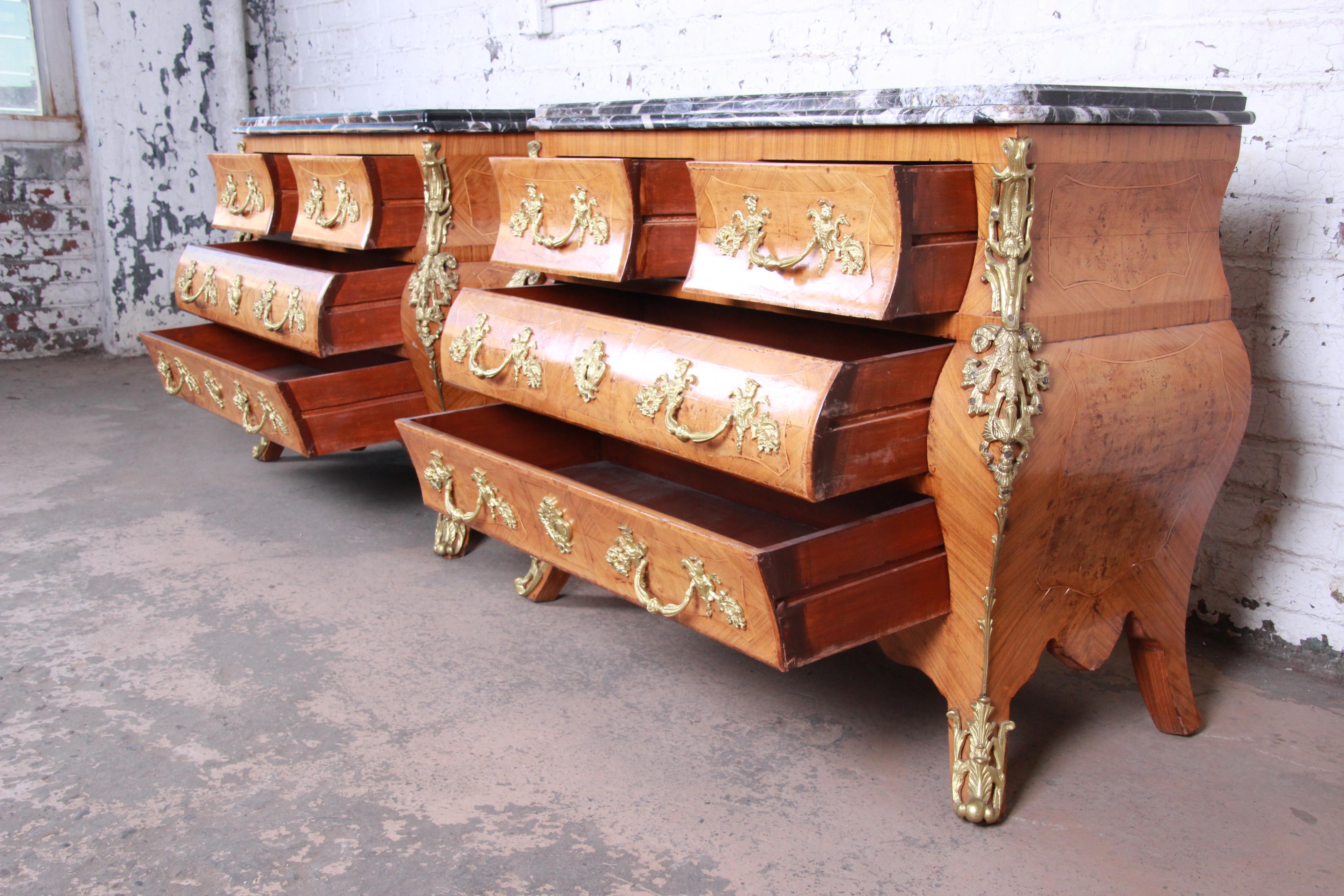 Ornate French Louis XV Style Inlaid Mahogany Marble Top Bombay Chests, Pair In Good Condition In South Bend, IN