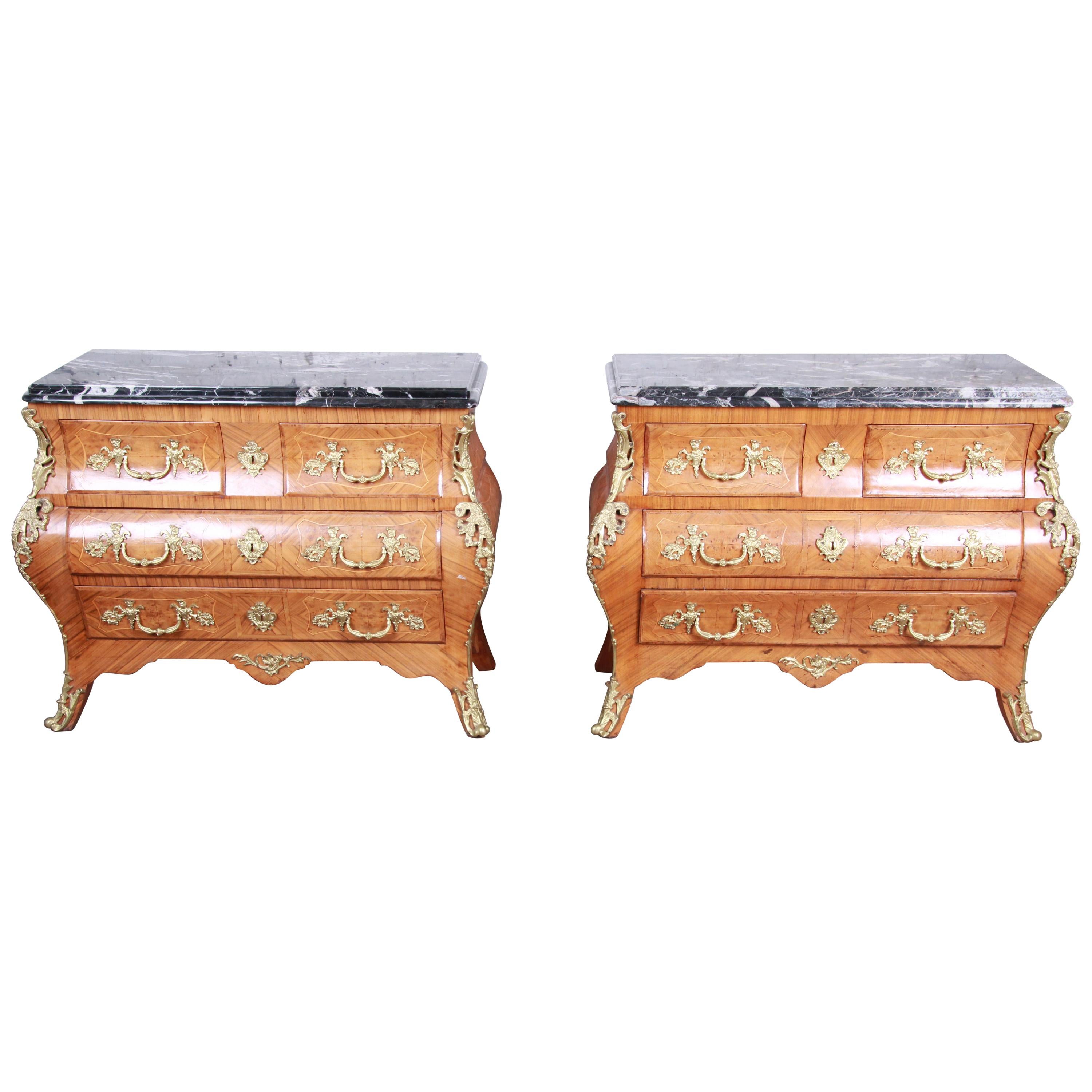 Ornate French Louis XV Style Inlaid Mahogany Marble Top Bombay Chests, Pair