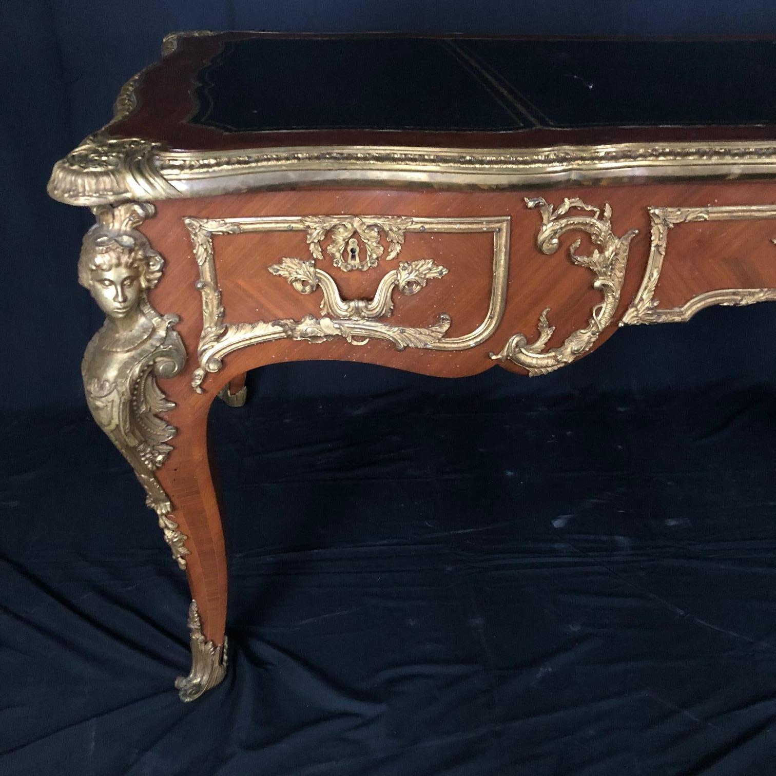 Marquetry Ornate French Louis XV Style Two Sided Walnut and Ormolu Bureau Plat Desk