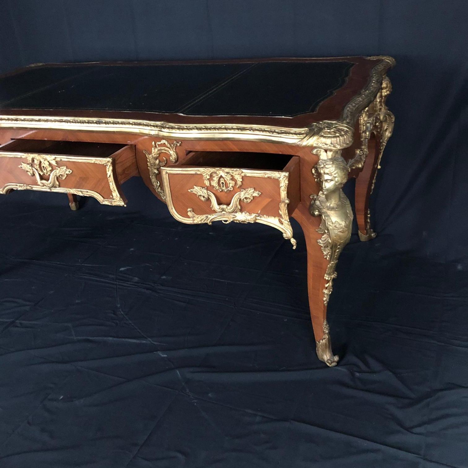 Leather Ornate French Louis XV Style Two Sided Walnut and Ormolu Bureau Plat Desk