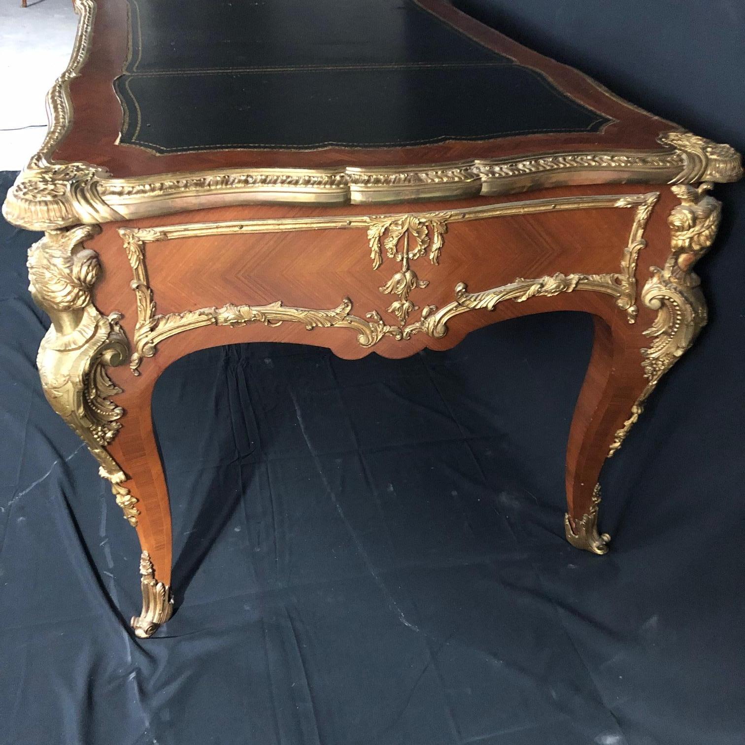Ornate French Louis XV Style Two Sided Walnut and Ormolu Bureau Plat Desk 1