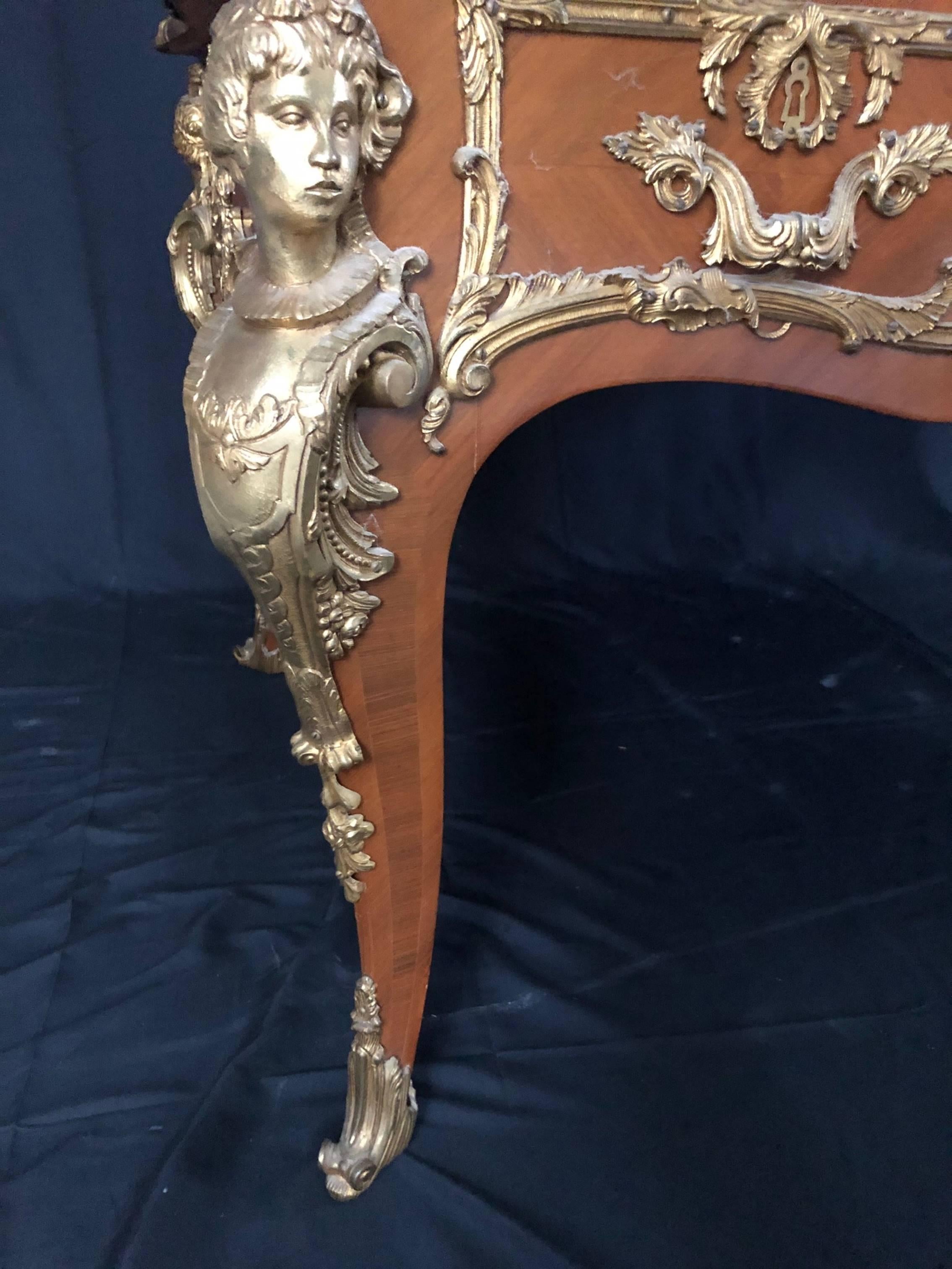 Ornate French Louis XV Style Two Sided Walnut and Ormolu Bureau Plat Desk 2