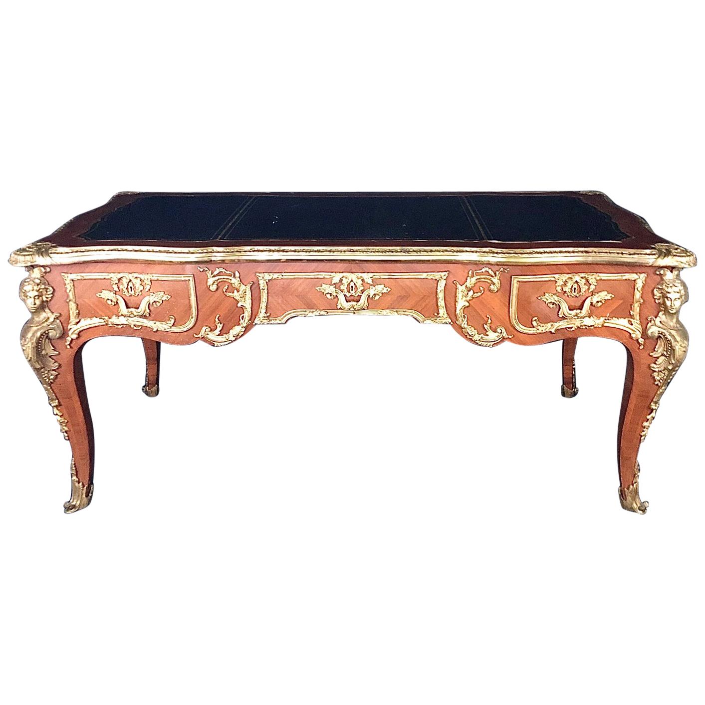 Ornate French Louis XV Style Two Sided Walnut and Ormolu Bureau Plat Desk
