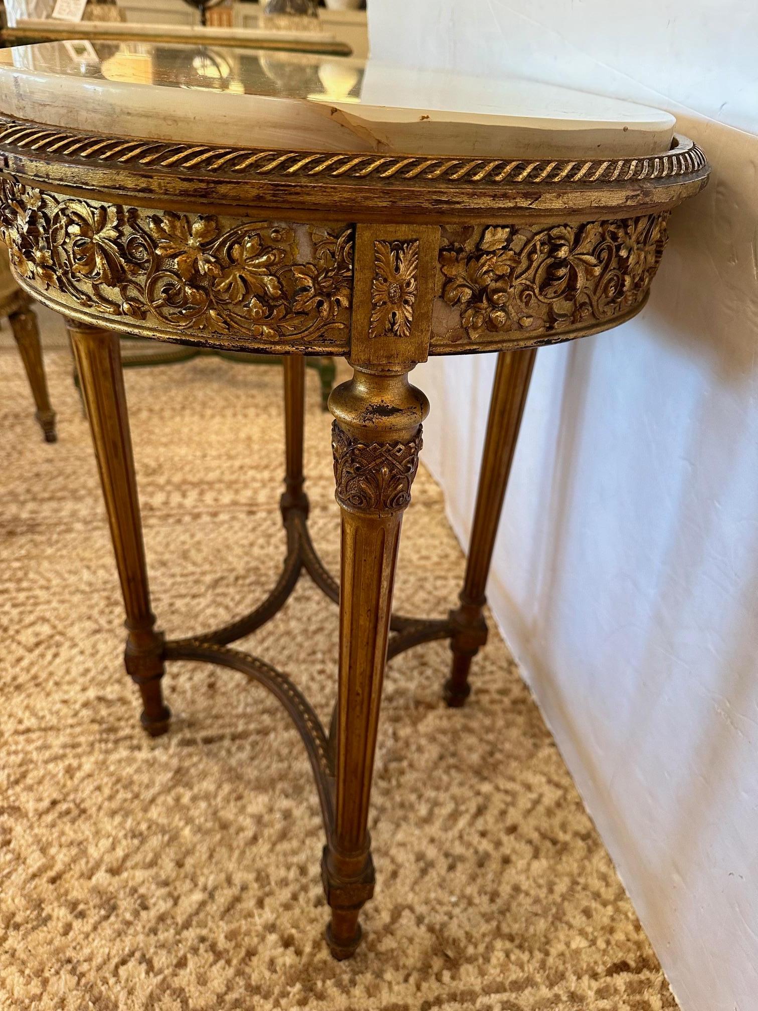 Ornate French Louis XVI Style Giltwood Oval Side Table with Marble Top For Sale 7