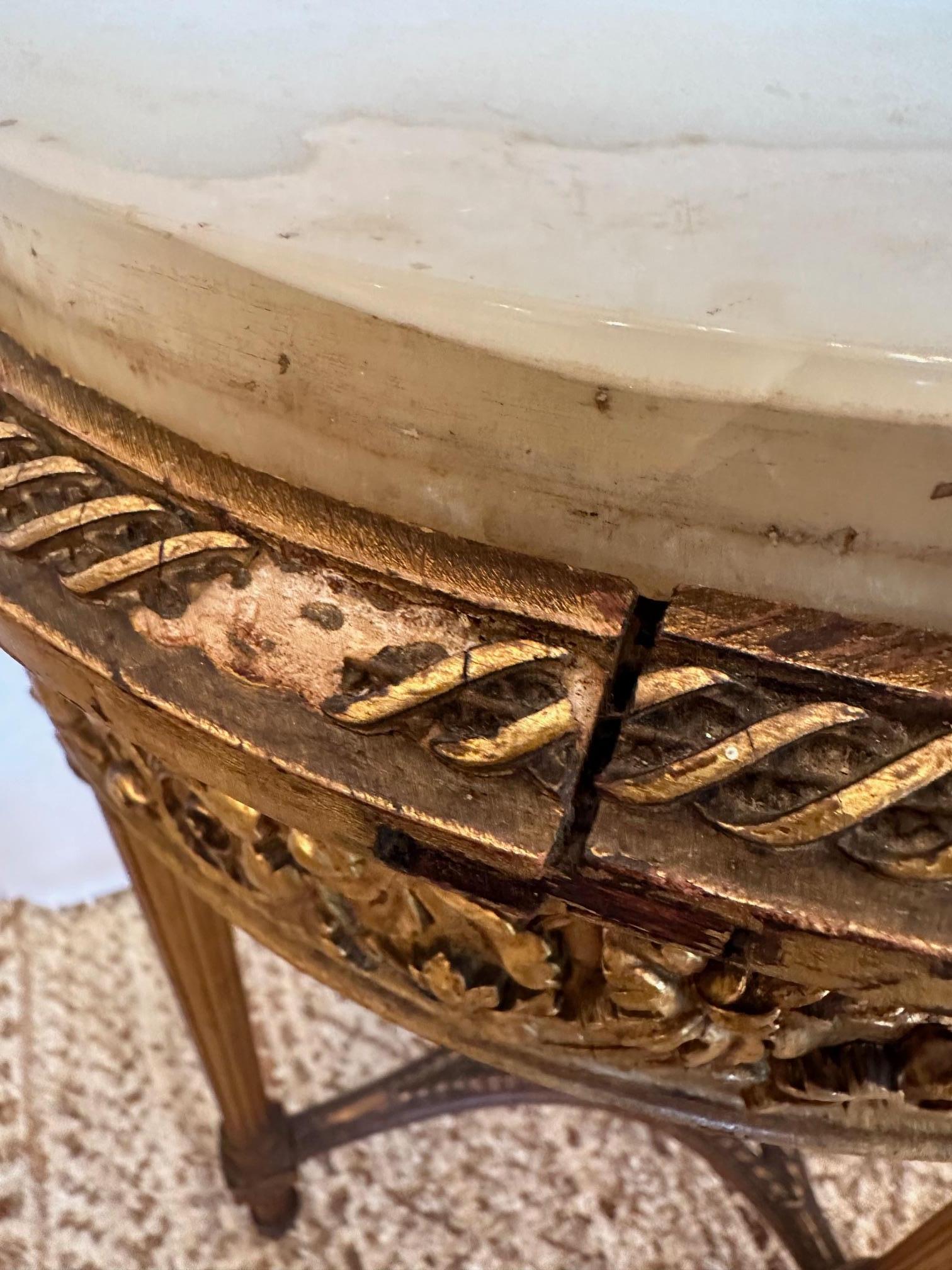 Ornate French Louis XVI Style Giltwood Oval Side Table with Marble Top For Sale 8