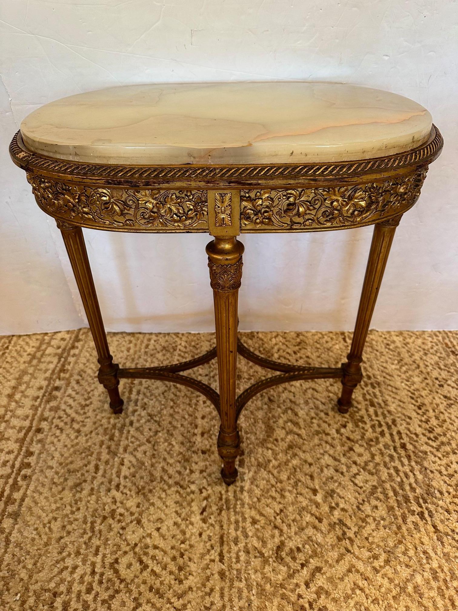 19th Century Ornate French Louis XVI Style Giltwood Oval Side Table with Marble Top For Sale