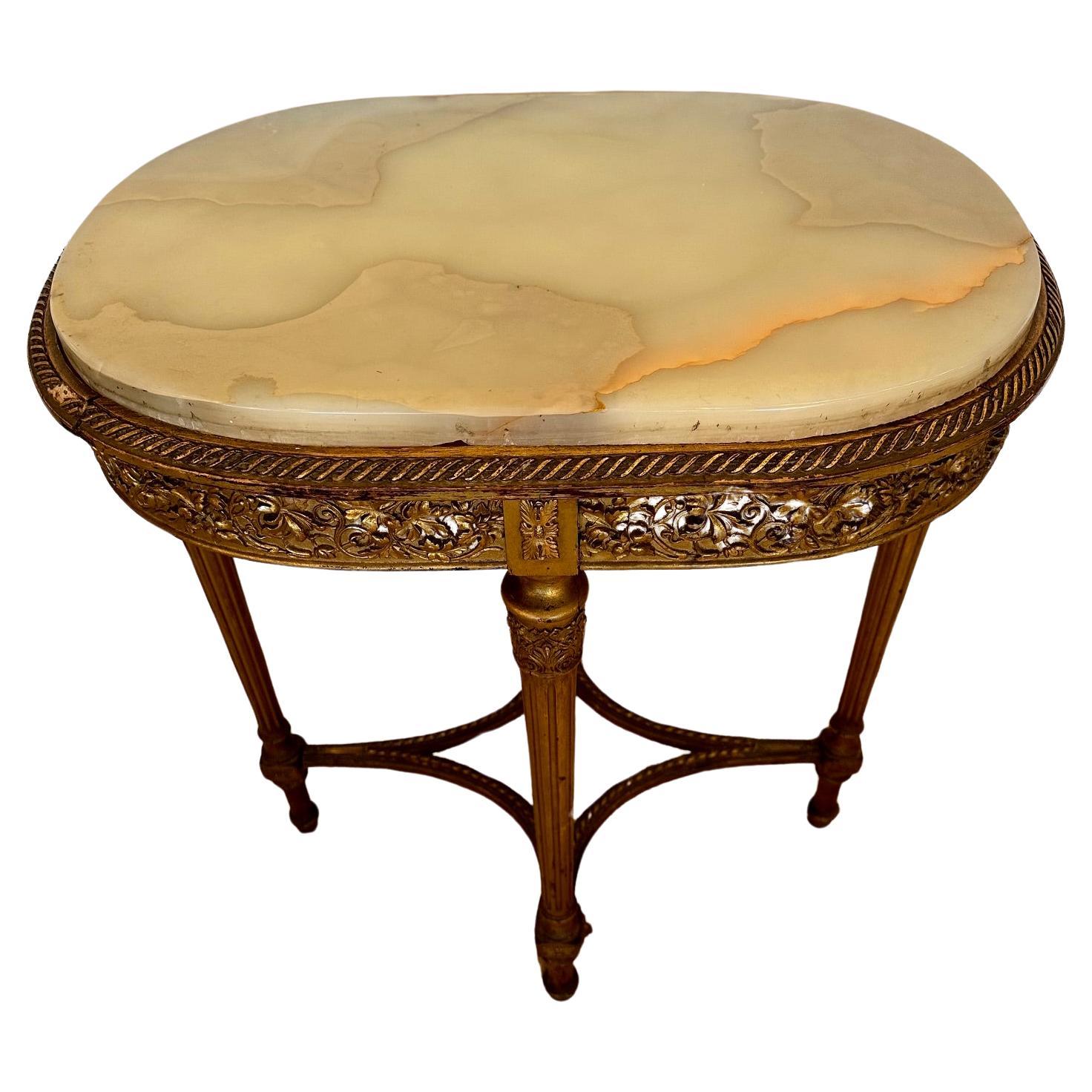 Ornate French Louis XVI Style Giltwood Oval Side Table with Marble Top For Sale