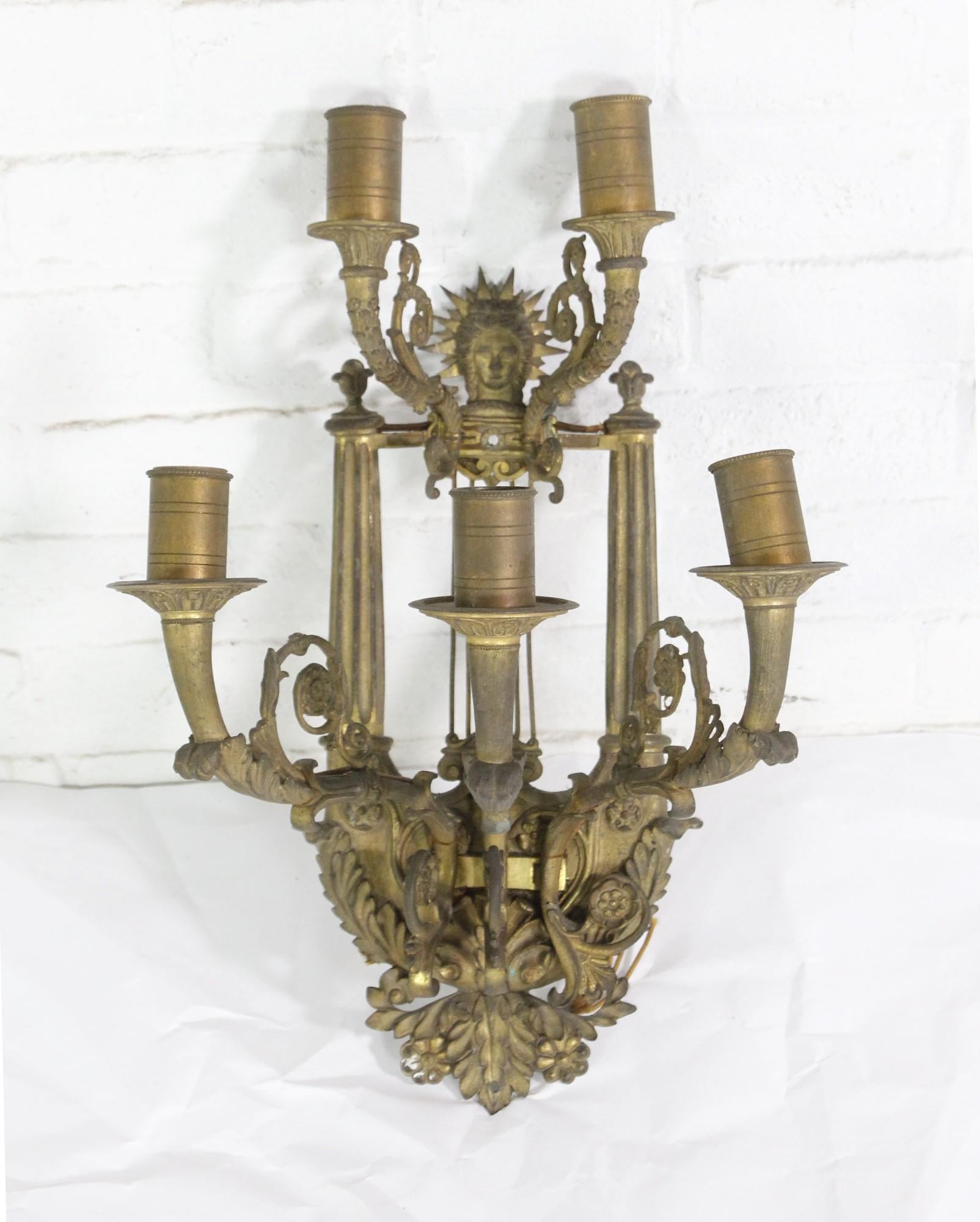 Ornate French Pair Figural Sconces 5 Arms Cast Bronze In Good Condition In New York, NY