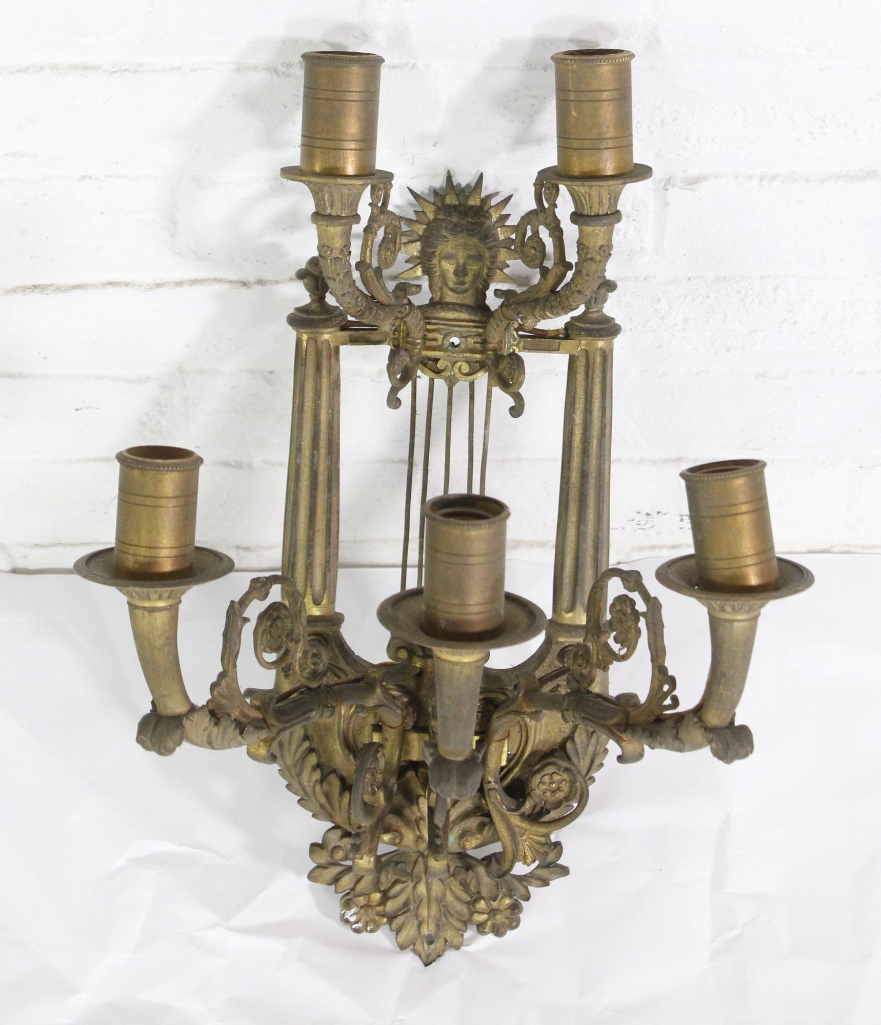 19th Century Ornate French Pair Figural Sconces 5 Arms Cast Bronze
