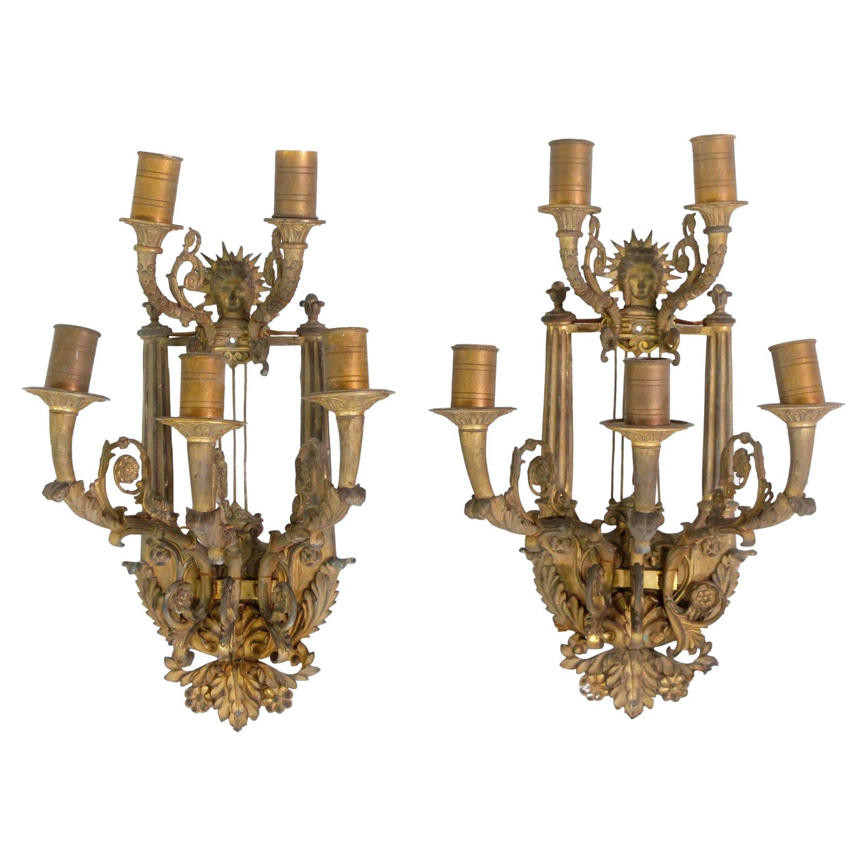 Ornate French Pair Figural Sconces 5 Arms Cast Bronze