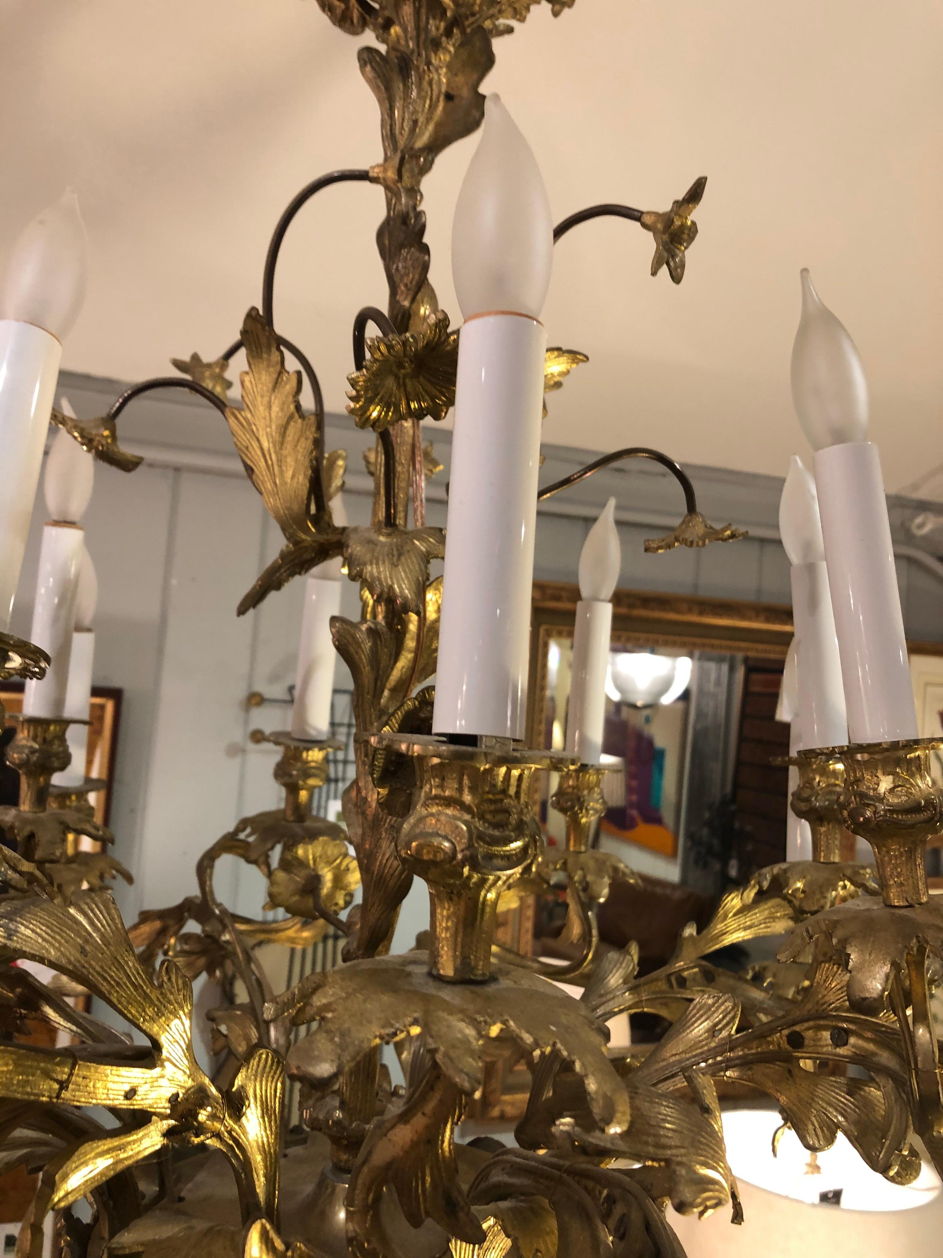 Ornate French Rococo Style Relief Cast Gilt Bronze 16-Light Chandelier 6