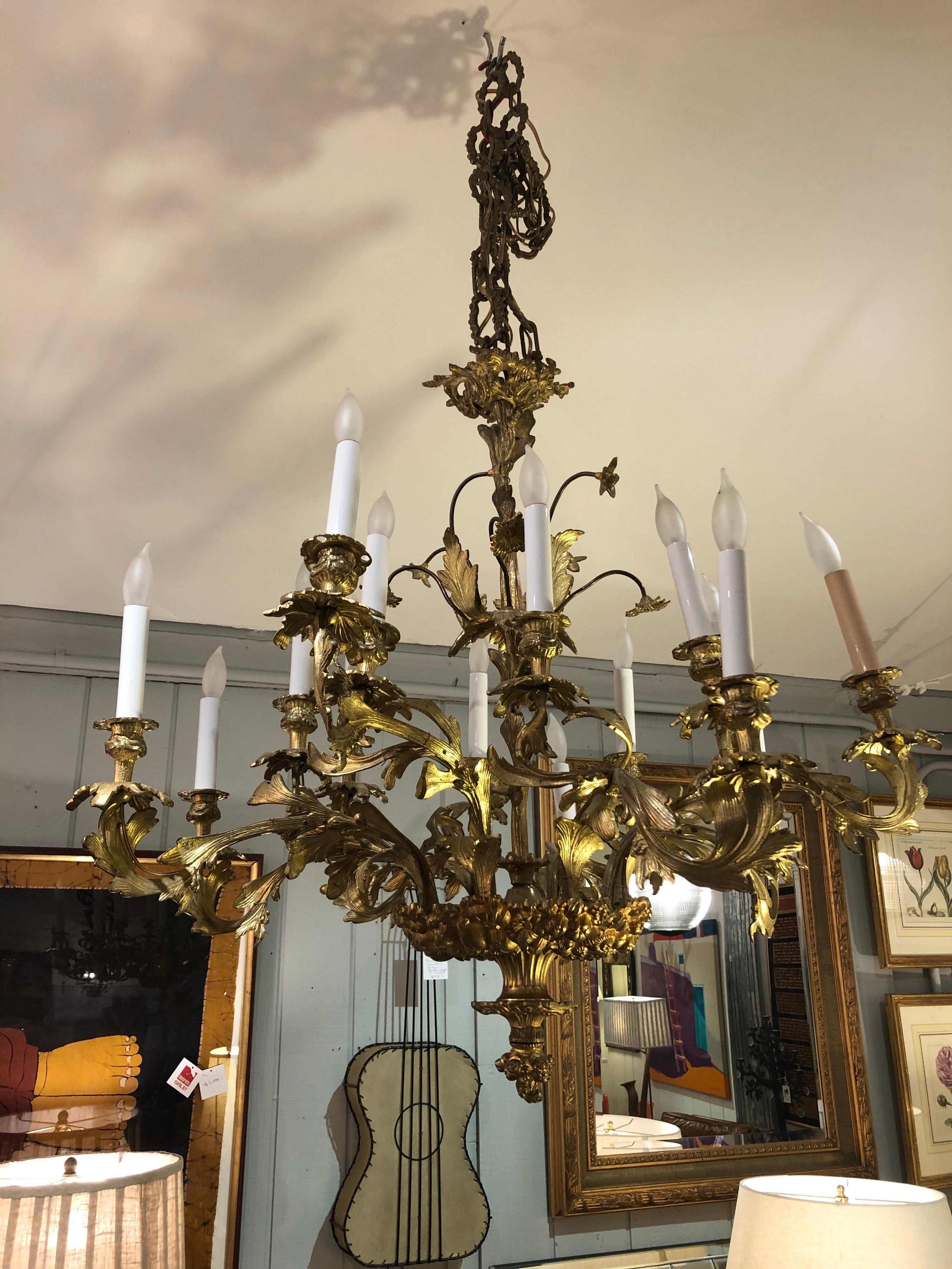 Mid-20th Century Ornate French Rococo Style Relief Cast Gilt Bronze 16-Light Chandelier