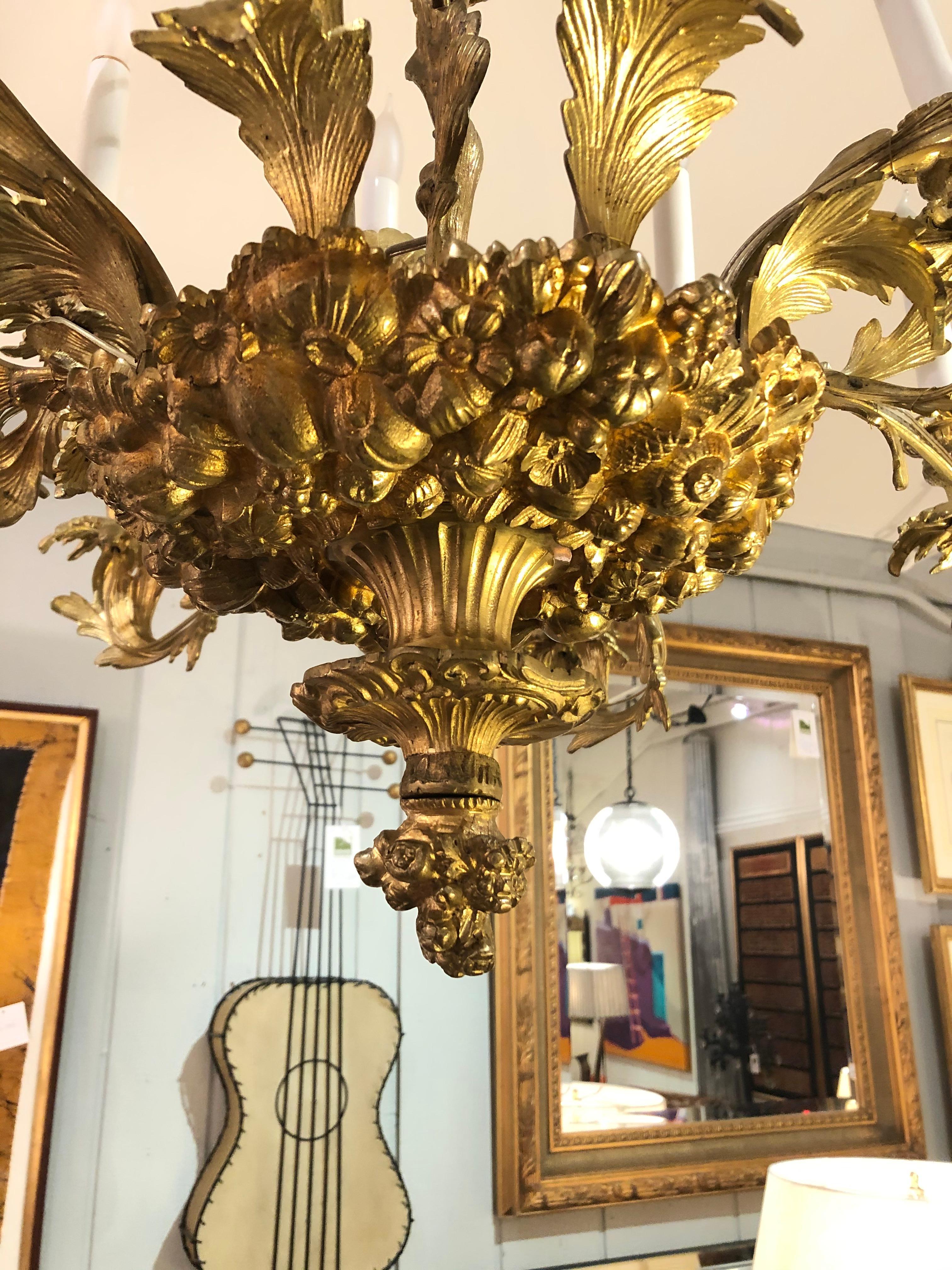Ornate French Rococo Style Relief Cast Gilt Bronze 16-Light Chandelier 1