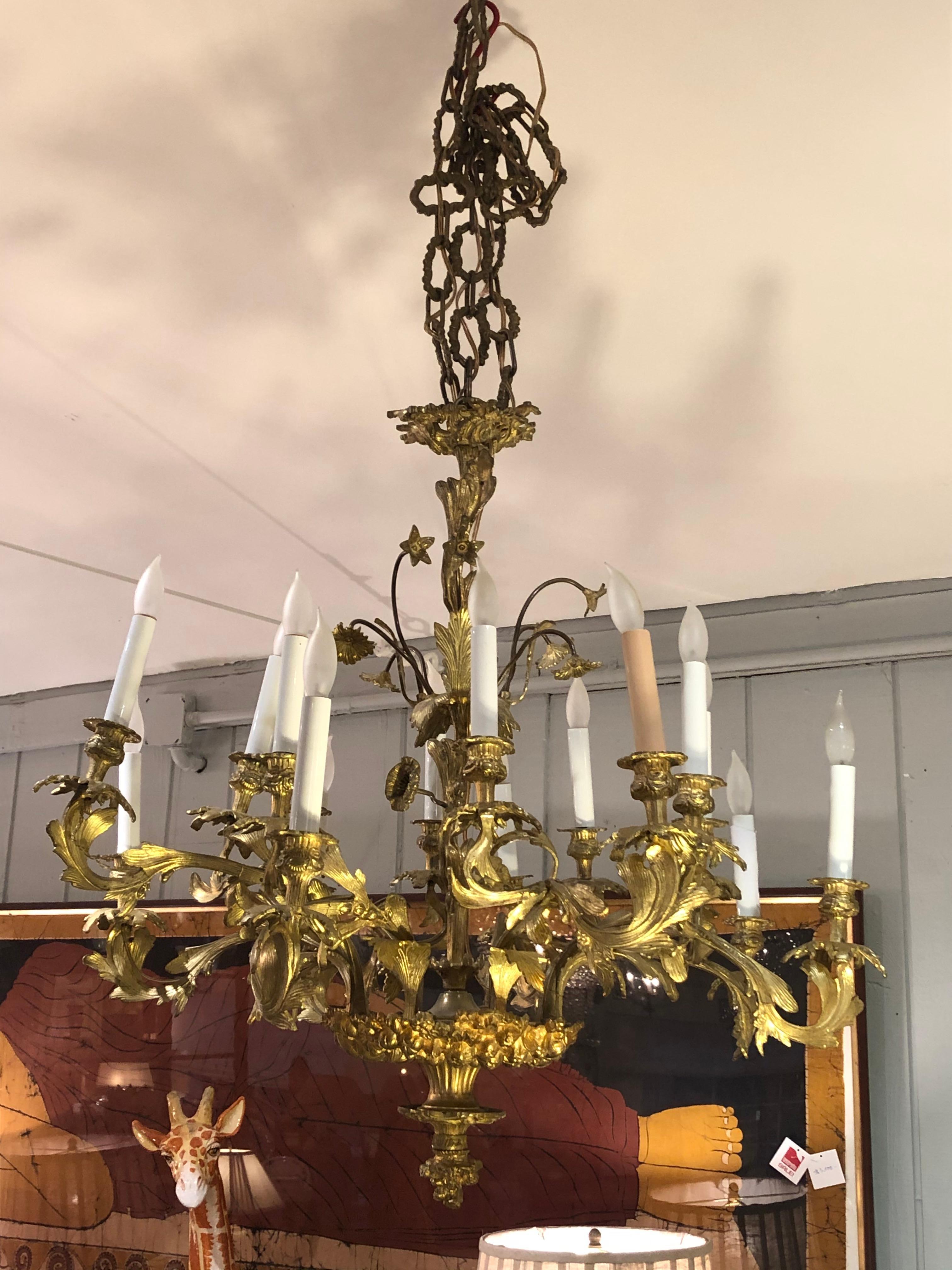 Ornate French Rococo Style Relief Cast Gilt Bronze 16-Light Chandelier 2