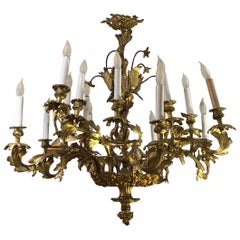Ornate French Rococo Style Relief Cast Gilt Bronze 16-Light Chandelier
