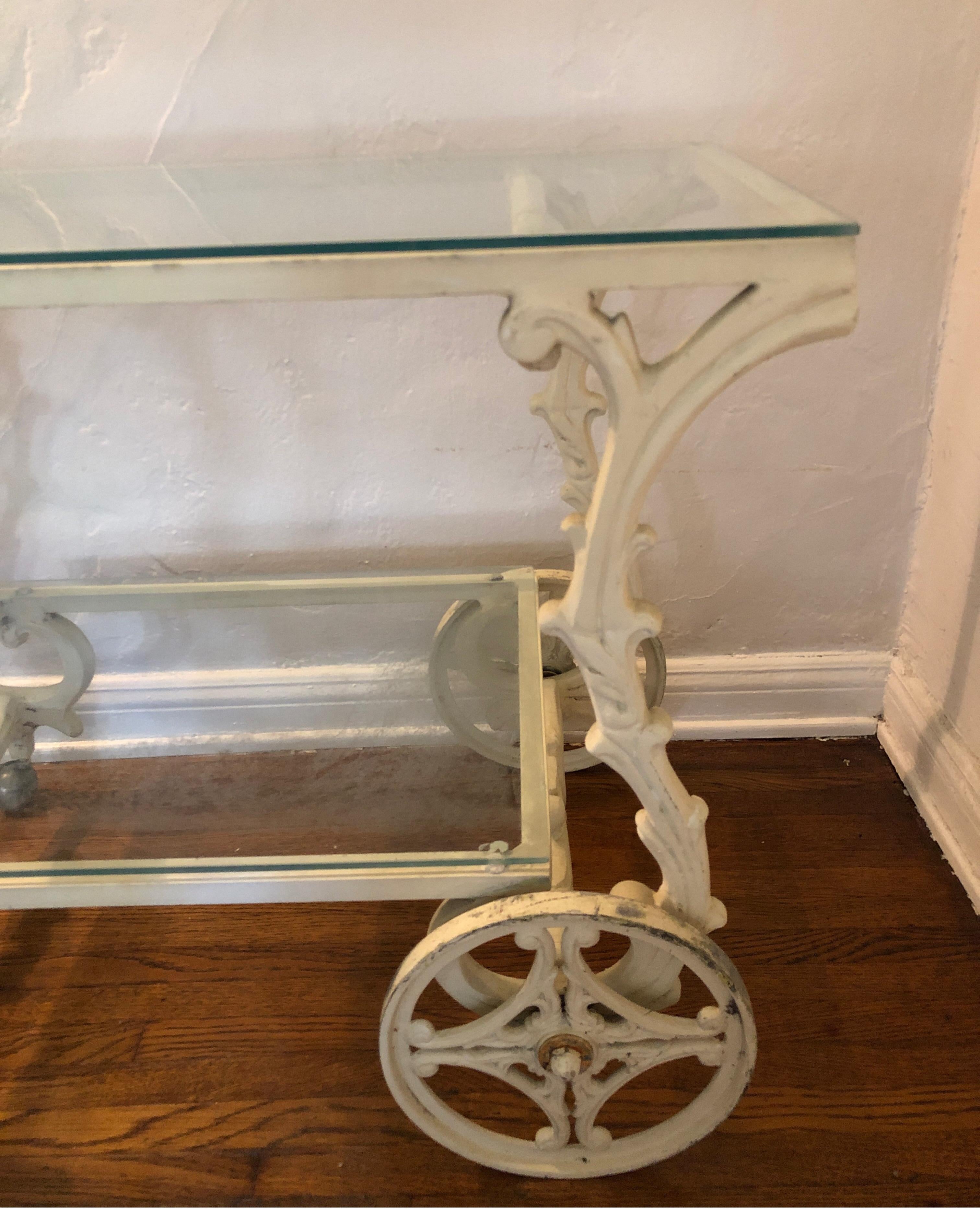 Ornate French Style Wrought Iron Patio/Garden Bar Cart Trolley W/Glass Shelves For Sale 2