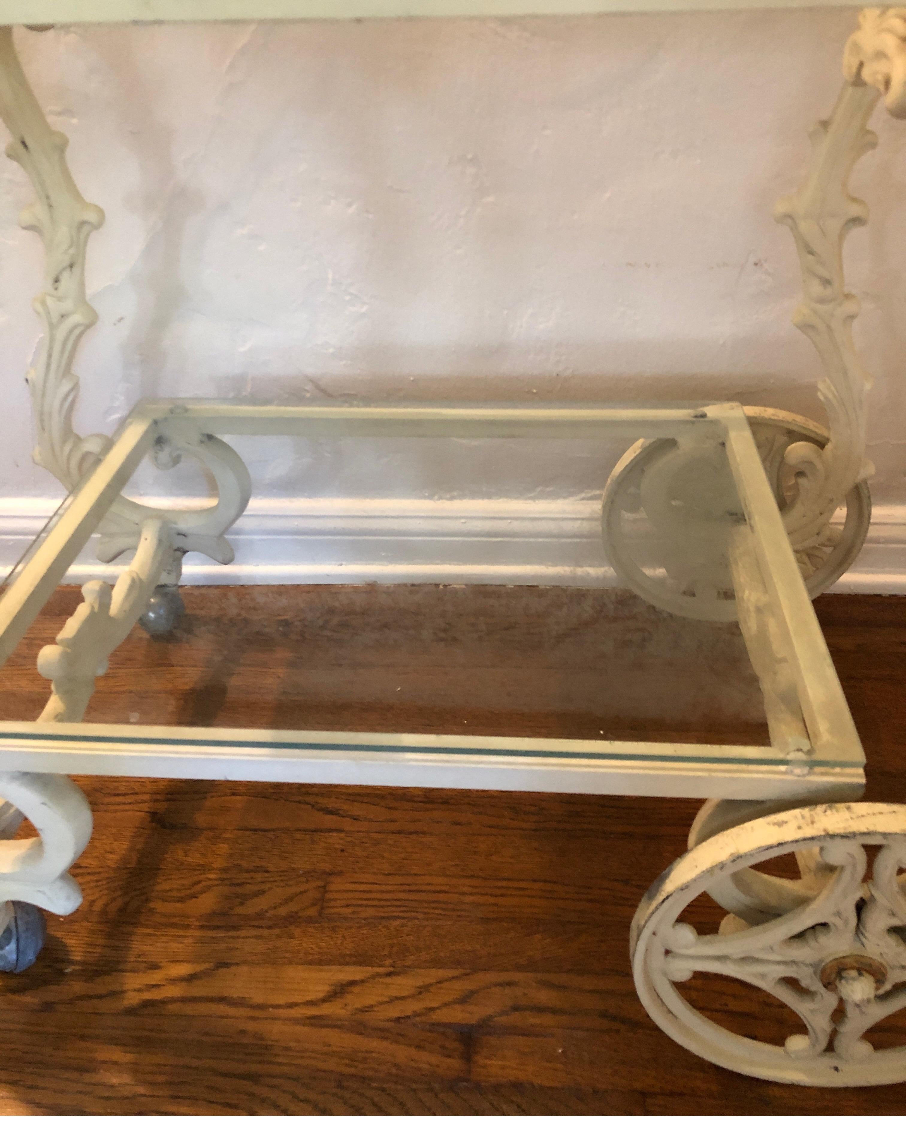 Ornate French Style Wrought Iron Patio/Garden Bar Cart Trolley W/Glass Shelves For Sale 3