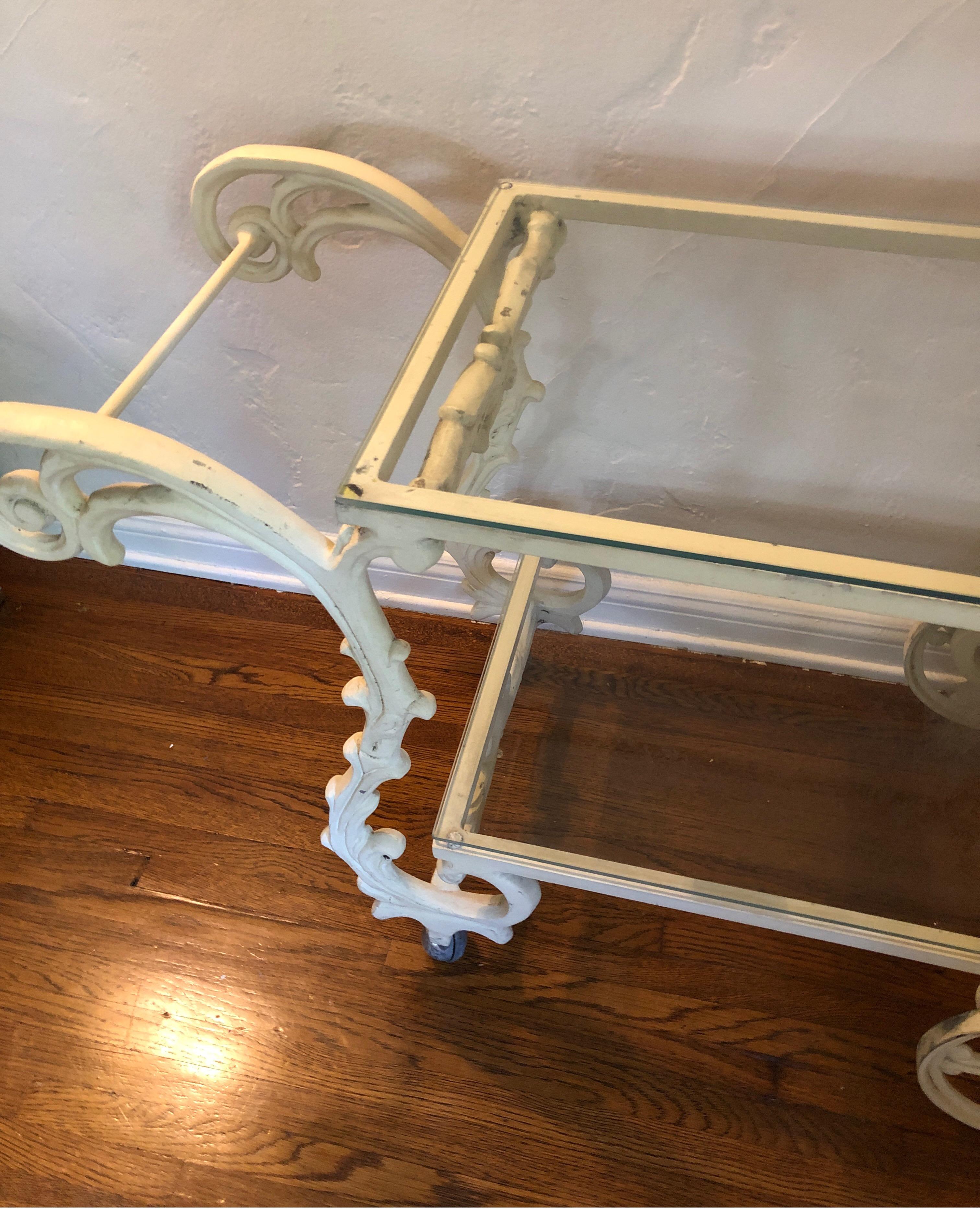 Ornate French Style Wrought Iron Patio/Garden Bar Cart Trolley W/Glass Shelves For Sale 4