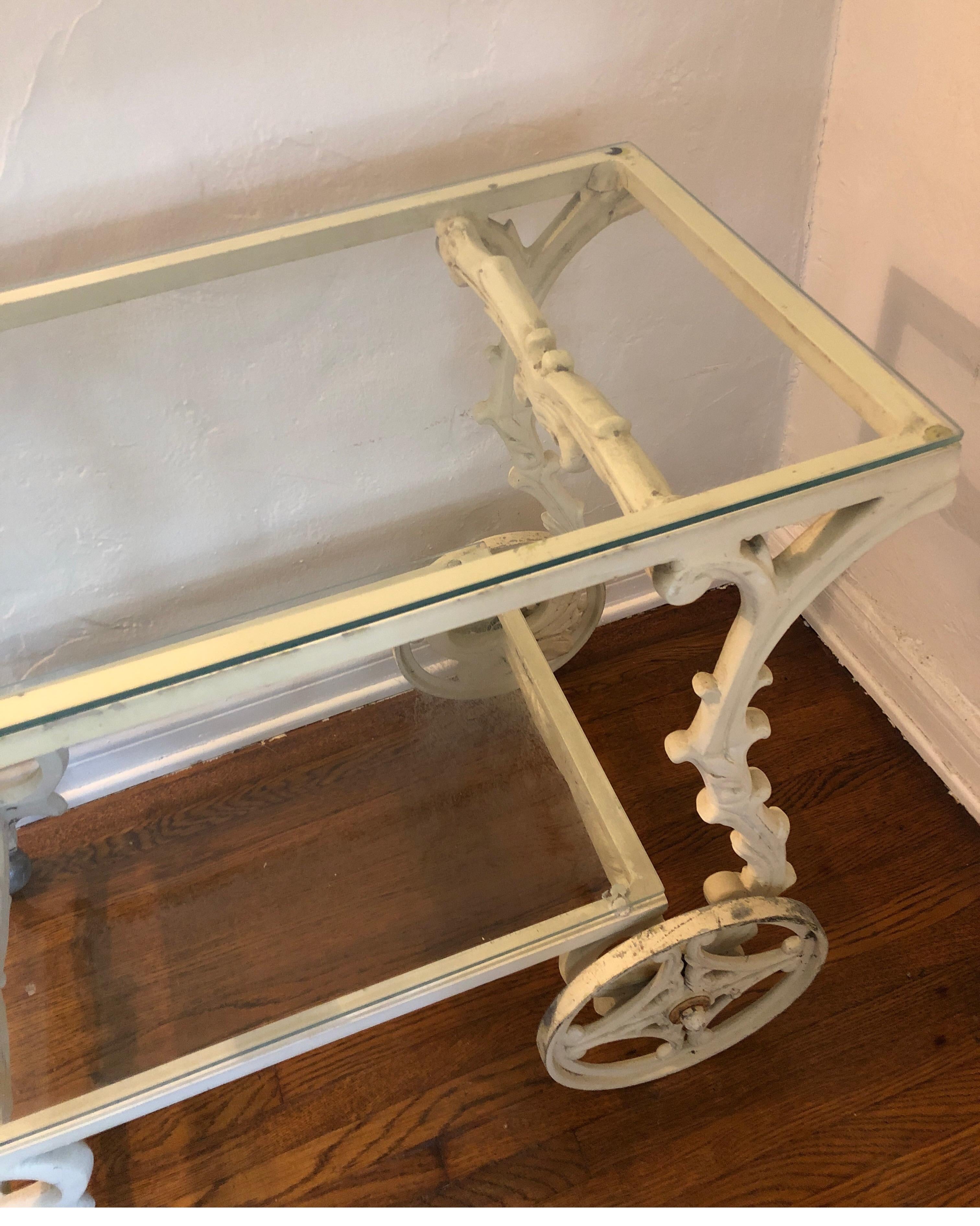 Ornate French Style Wrought Iron Patio/Garden Bar Cart Trolley W/Glass Shelves For Sale 5