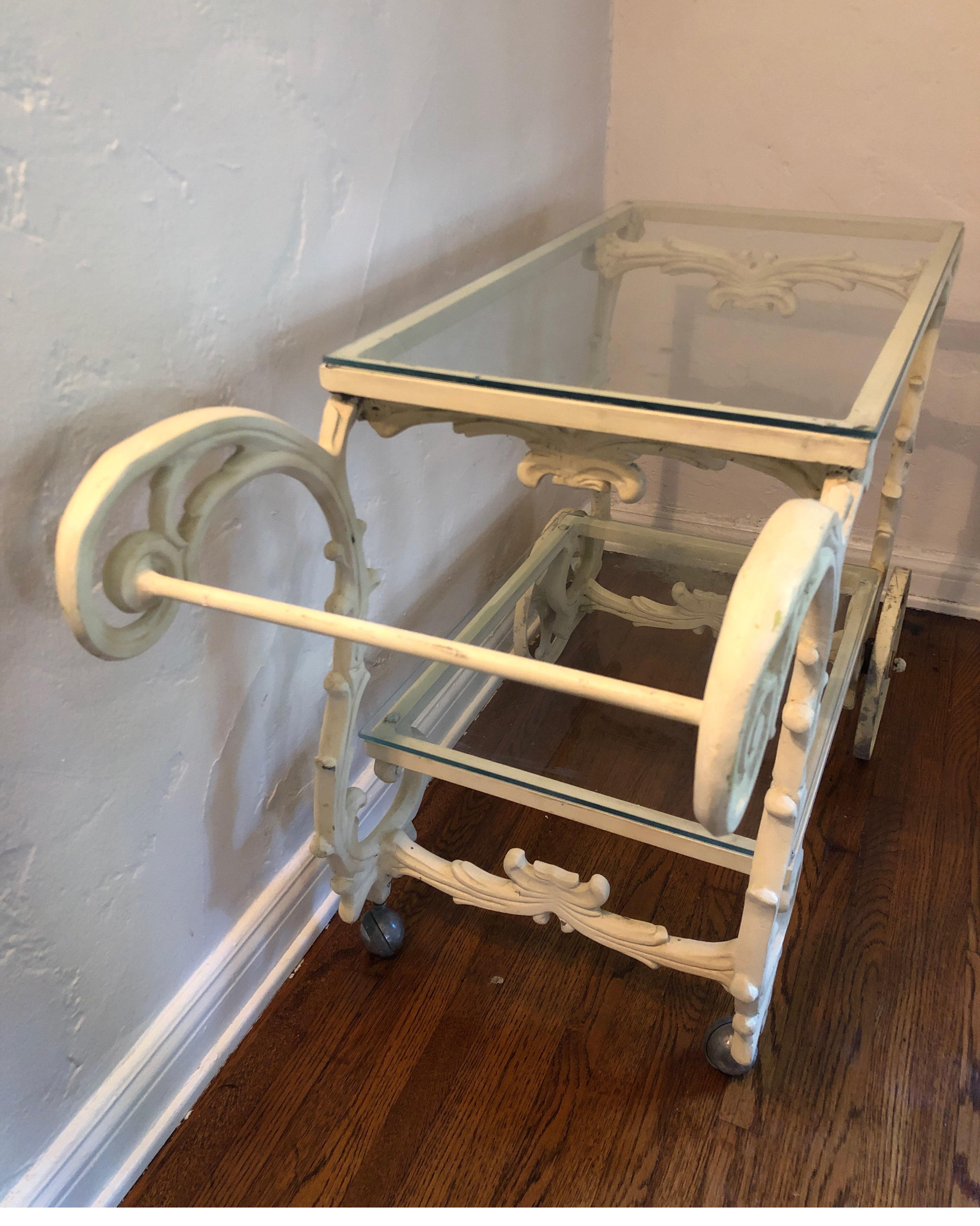 Ornate French Style Wrought Iron Patio/Garden Bar Cart Trolley W/Glass Shelves For Sale 6