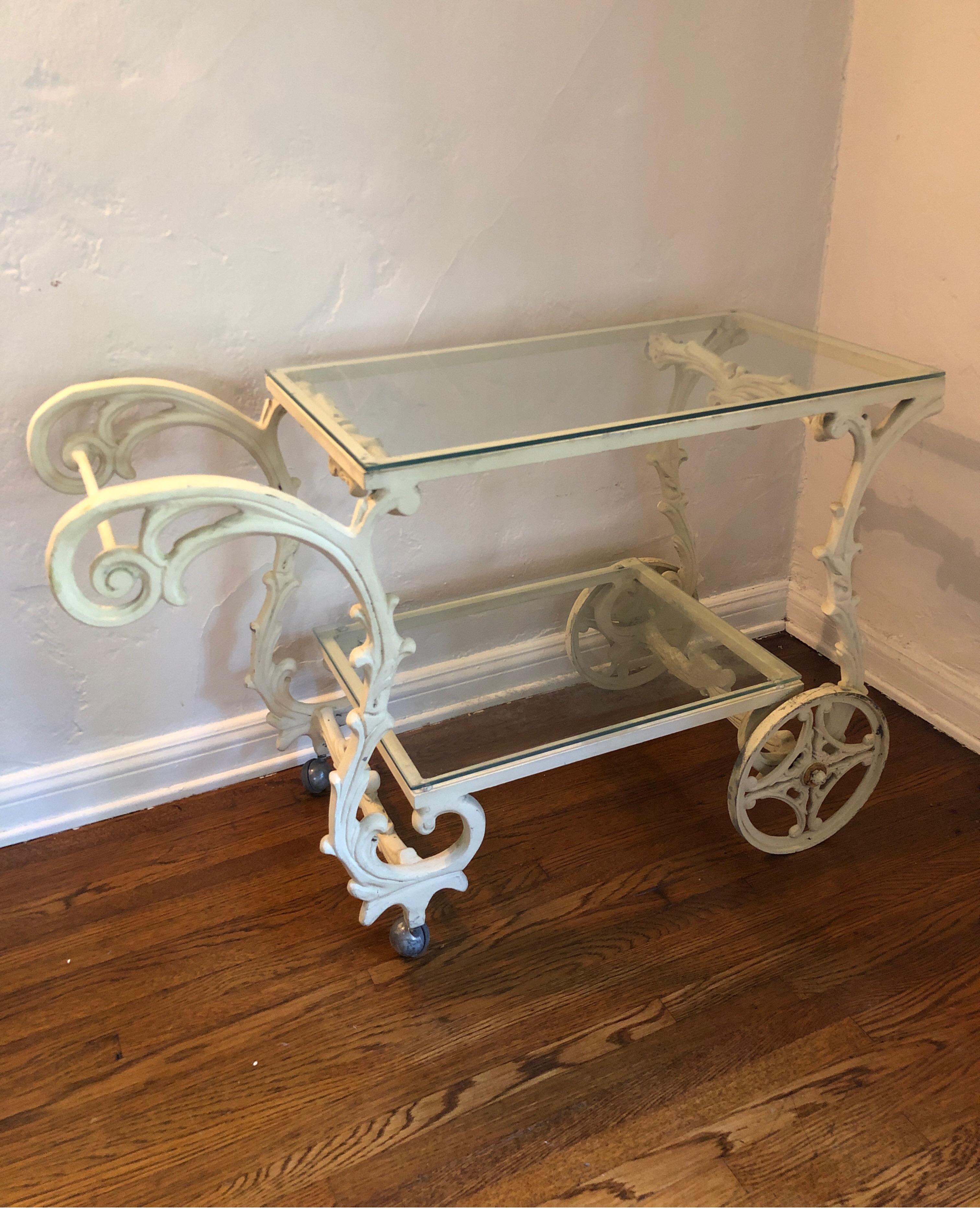 Ornate French Style Wrought Iron Patio/Garden Bar Cart Trolley W/Glass Shelves For Sale 7