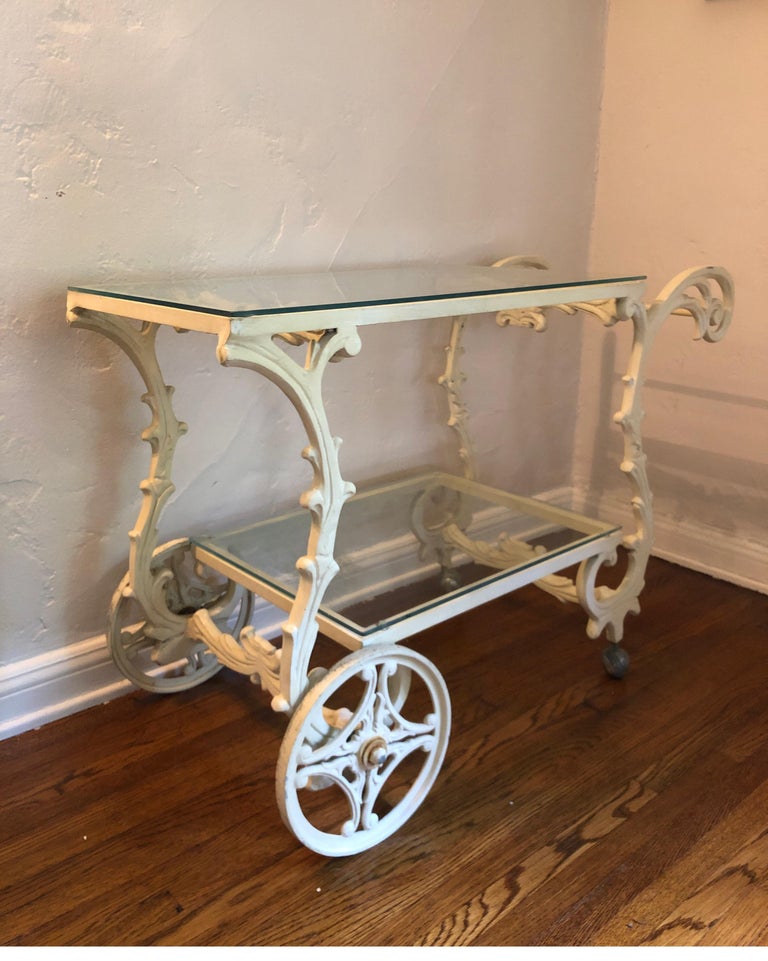 Ornate French Style Wrought Iron Patio/Garden Bar Cart Trolley W/Glass