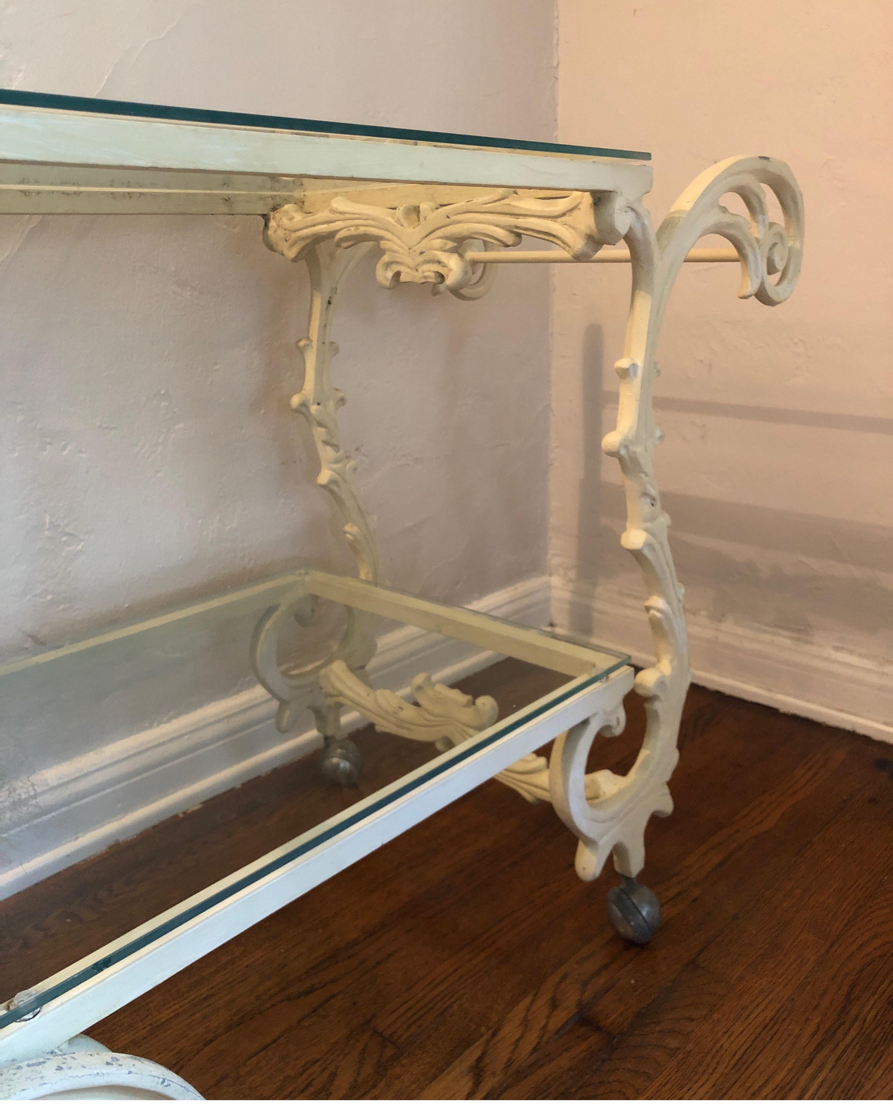 French Provincial Ornate French Style Wrought Iron Patio/Garden Bar Cart Trolley W/Glass Shelves For Sale