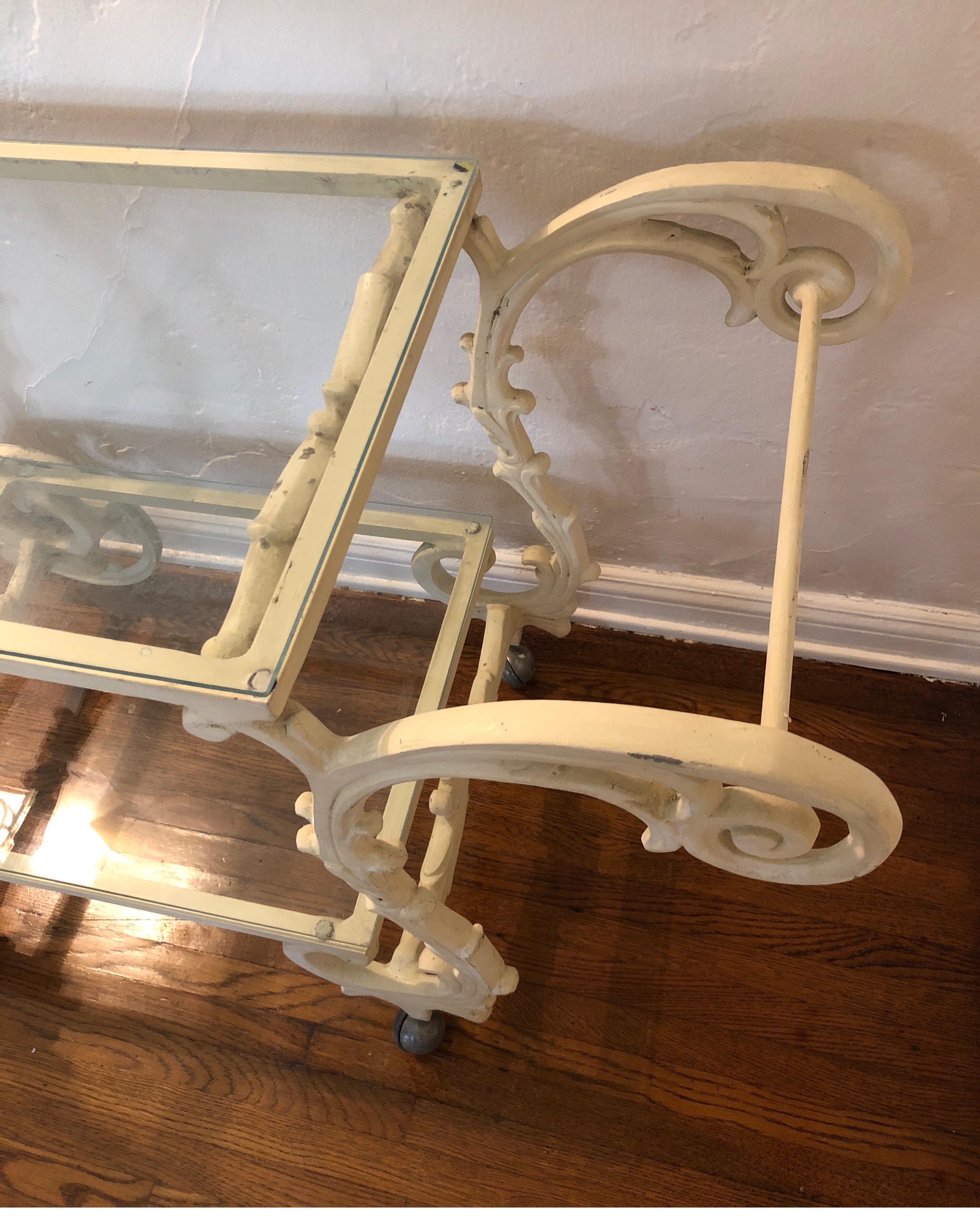 Ornate French Style Wrought Iron Patio/Garden Bar Cart Trolley W/Glass Shelves In Fair Condition For Sale In Los Angeles, CA