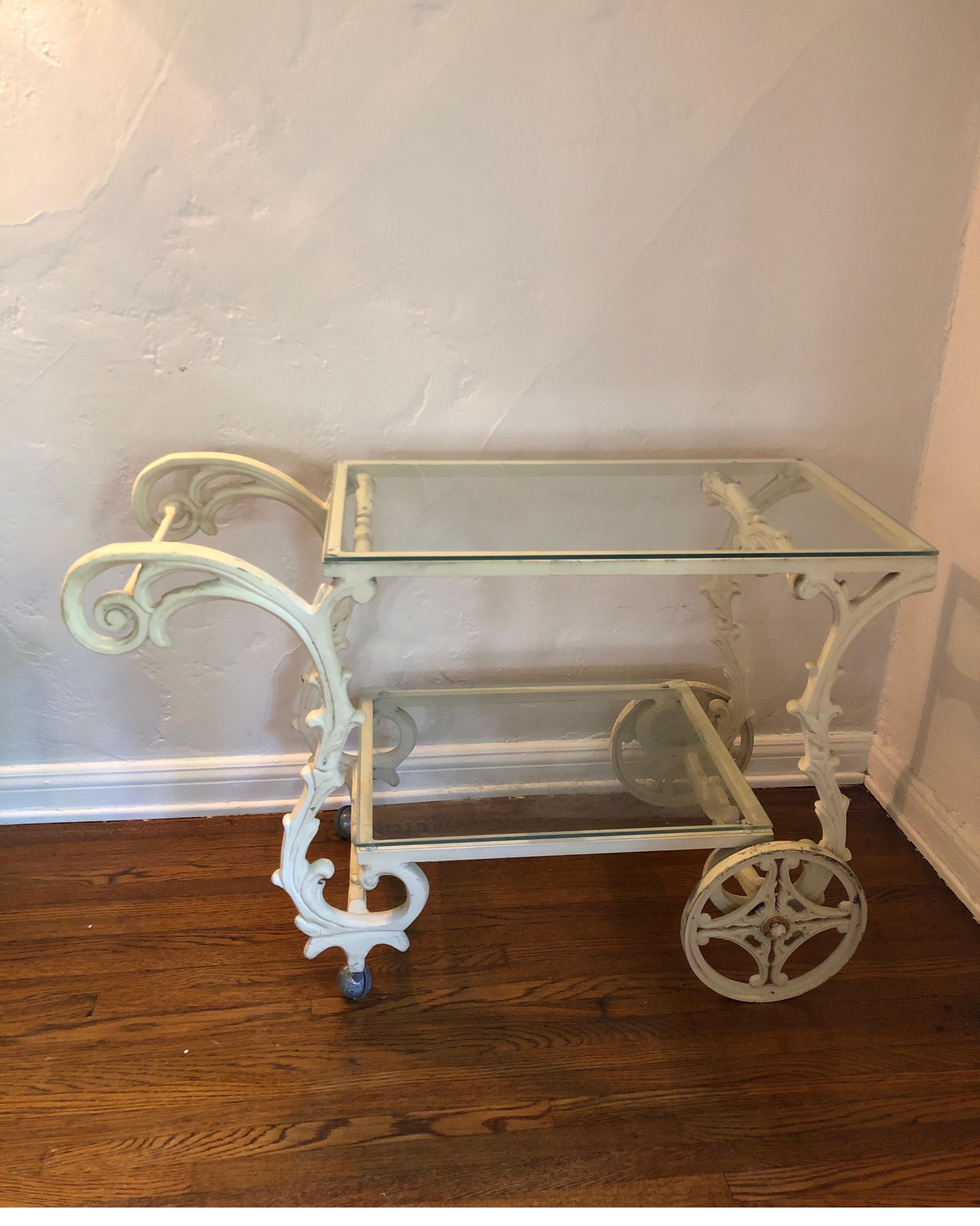 20th Century Ornate French Style Wrought Iron Patio/Garden Bar Cart Trolley W/Glass Shelves For Sale