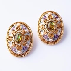 Ornate Freshwater Pearl, Amethyst & Abalone Earrings By Michal Golan, 1990s
