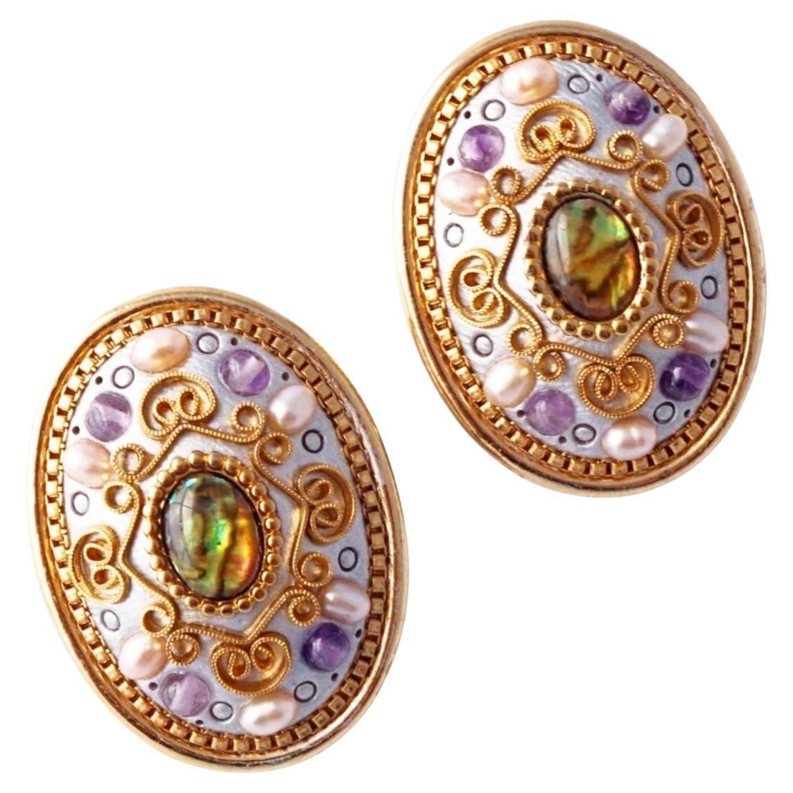 Ornate Freshwater Pearl, Amethyst 
Abalone Earrings By Michal Golan, 1990s