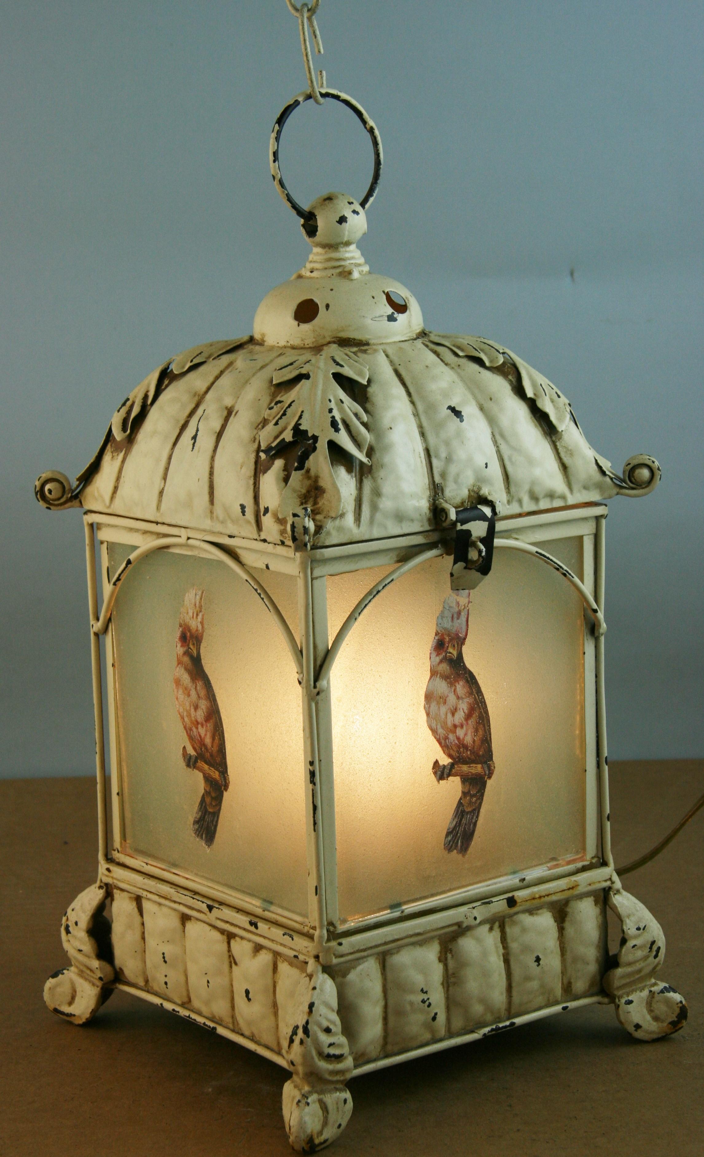 Rare ornate garden candle lantern with parrot decorated glass panels with 2 feet antique chain.