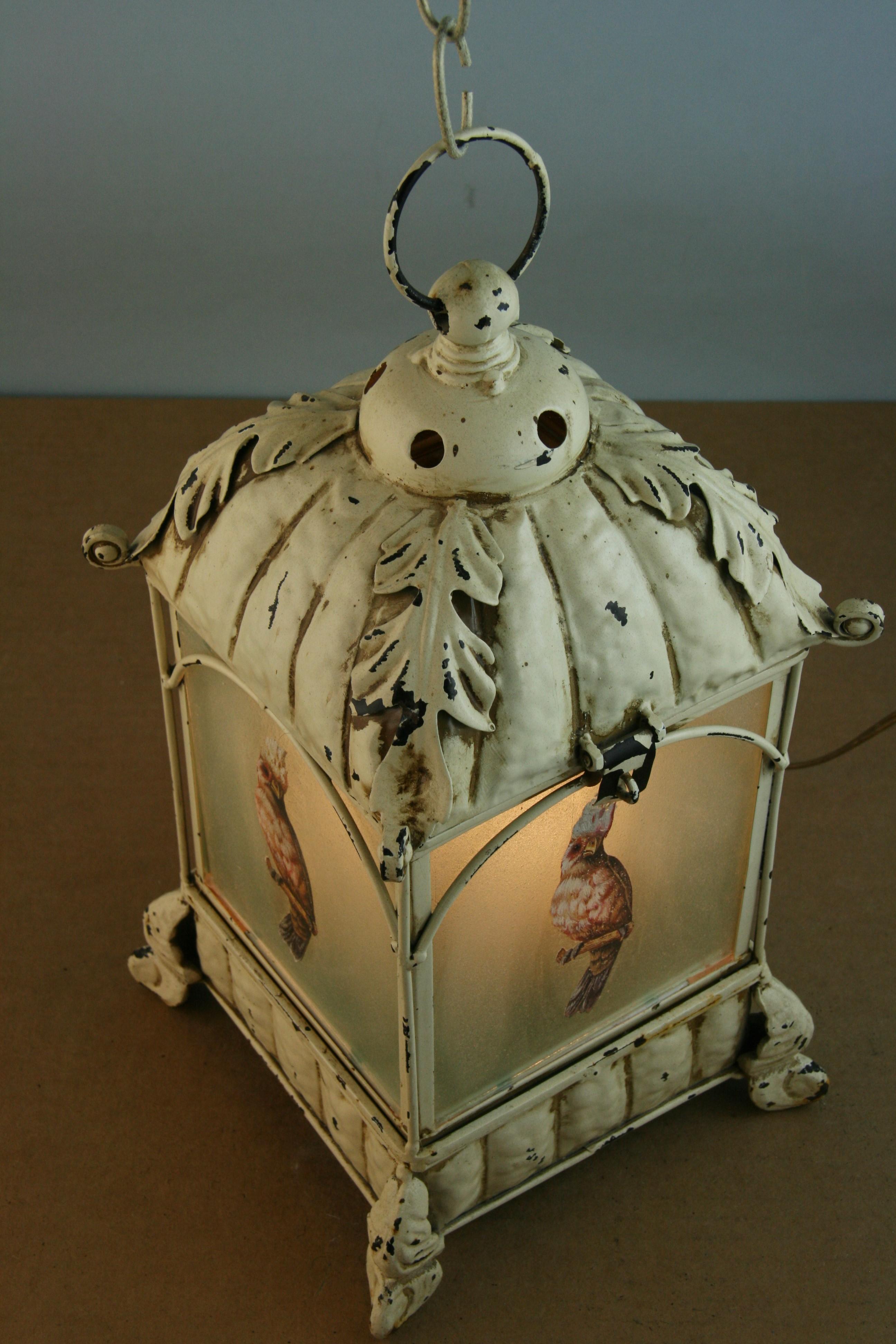Ornate Lantern with Parrot Decorated Glass with Chain In Good Condition For Sale In Douglas Manor, NY