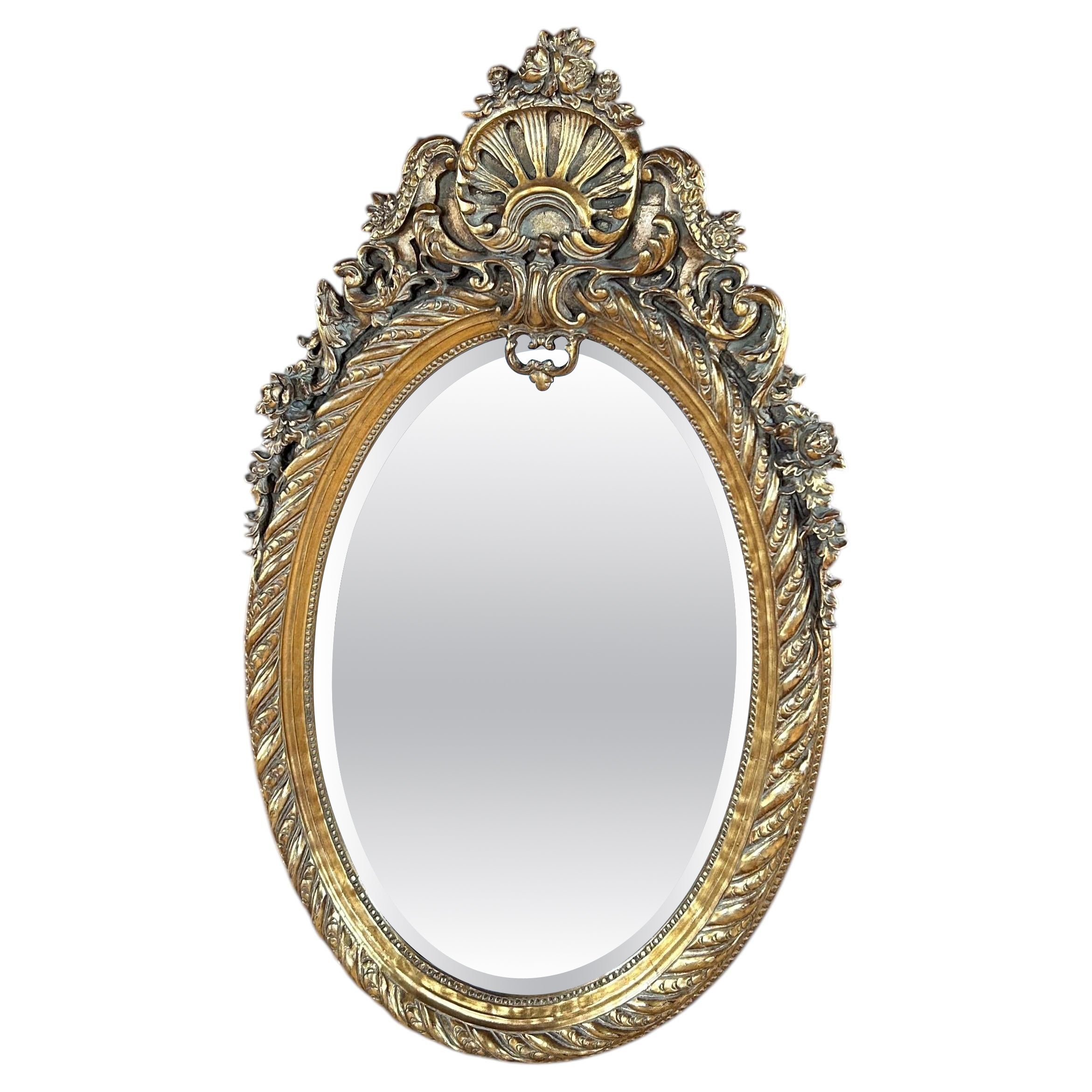 Ornate Gilded Composite French Style Oval Wall Mirror For Sale