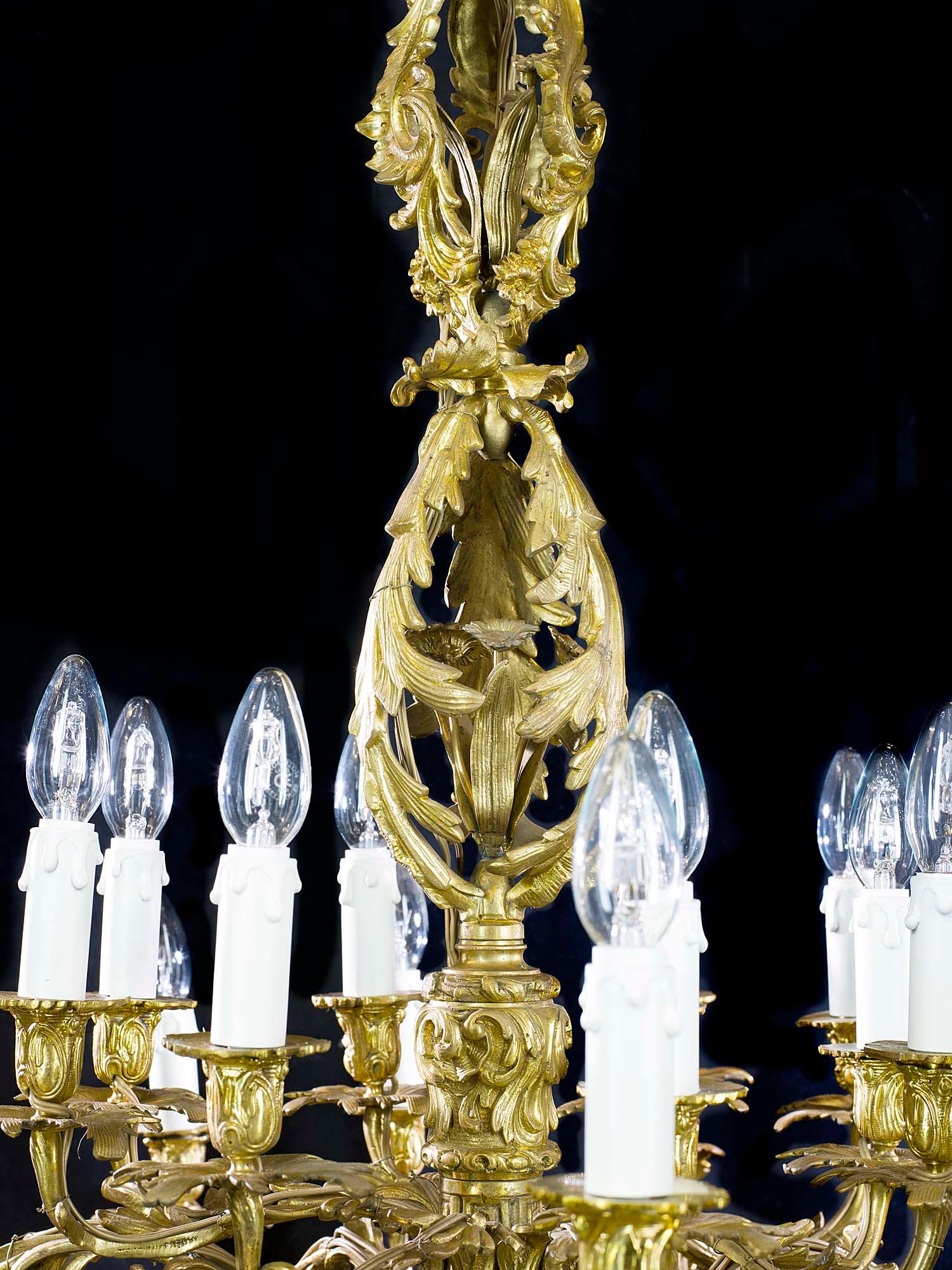 French Ornate Gilt Brass Rococo Chandelier