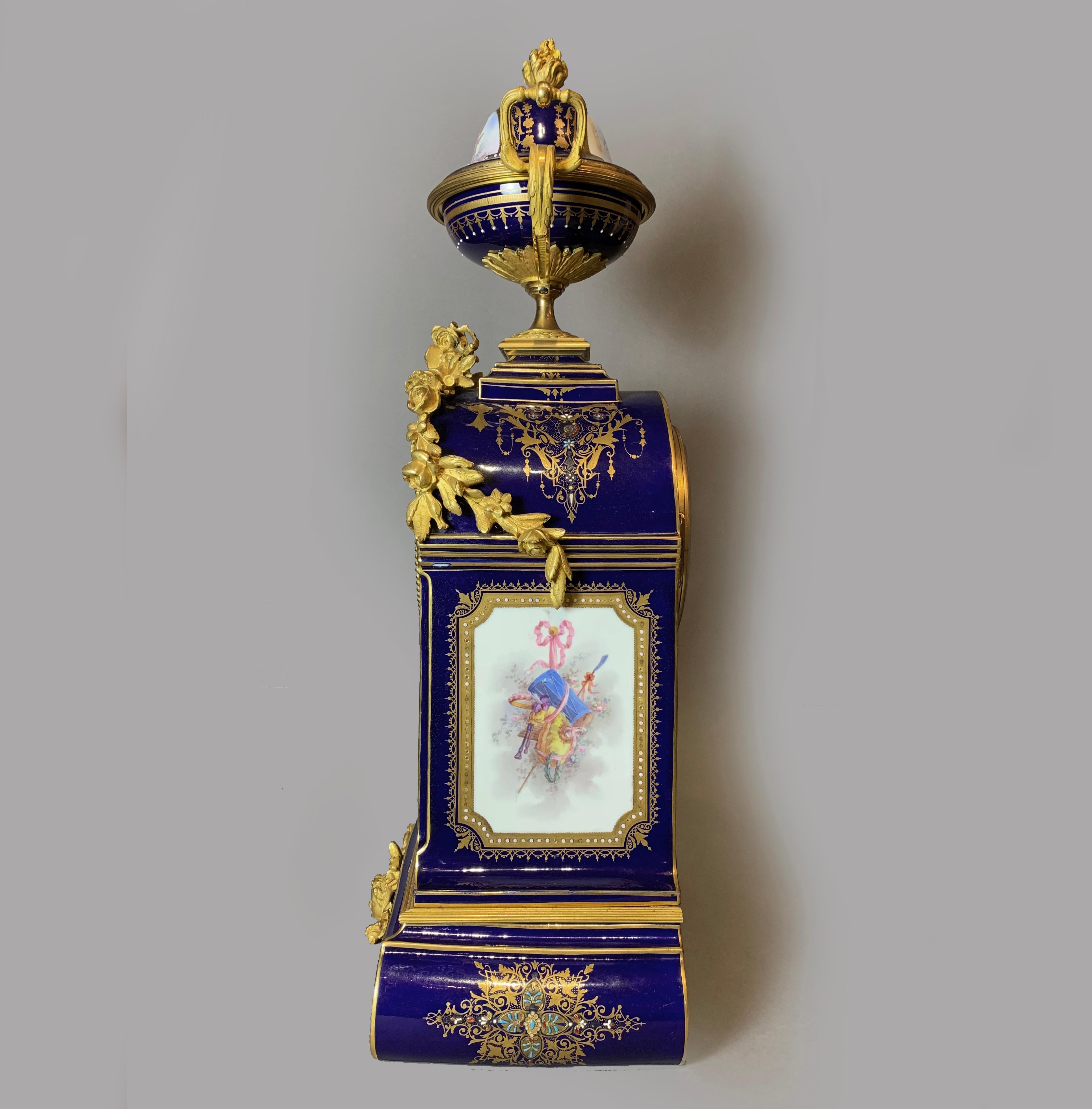Louis XVI Ornate Gilt Bronze-Mounted Sèvres-Style Blue Ground Mantel Clock, circa 1880 For Sale