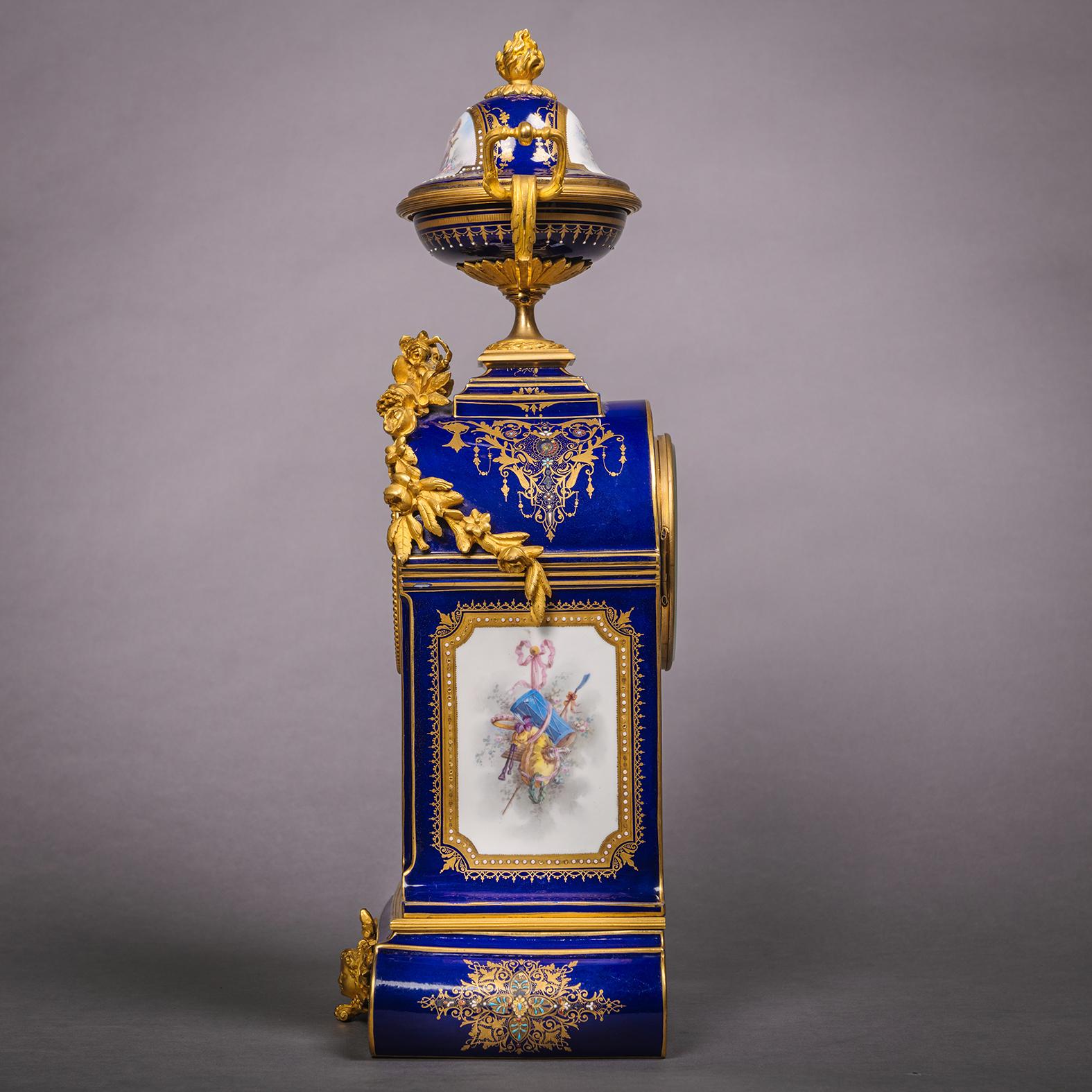 Louis XVI Ornate Gilt Bronze-Mounted Sèvres-Style Blue Ground Mantel Clock, circa 1880 For Sale