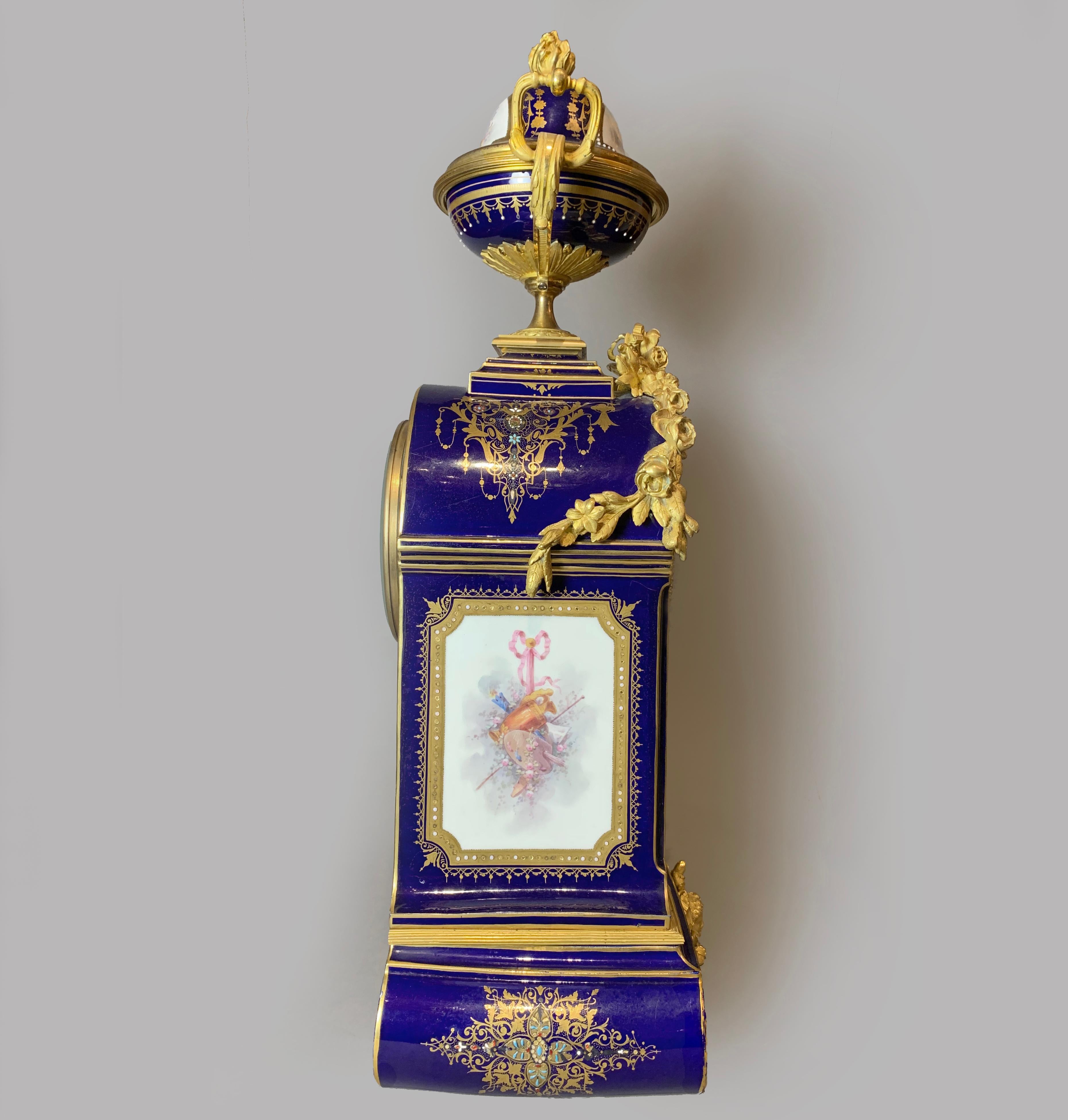 French Ornate Gilt Bronze-Mounted Sèvres-Style Blue Ground Mantel Clock, circa 1880 For Sale