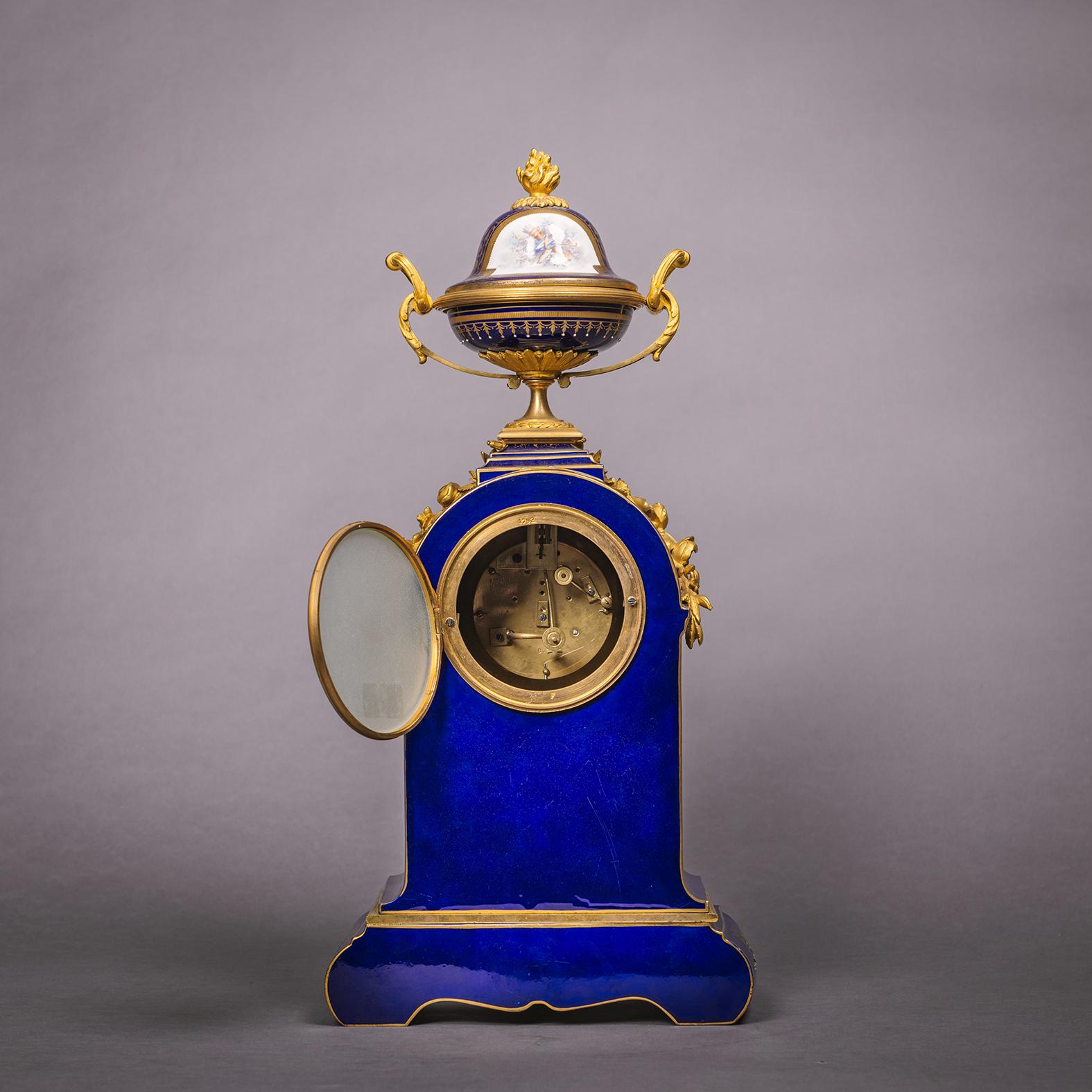 French Ornate Gilt Bronze-Mounted Sèvres-Style Blue Ground Mantel Clock, circa 1880 For Sale